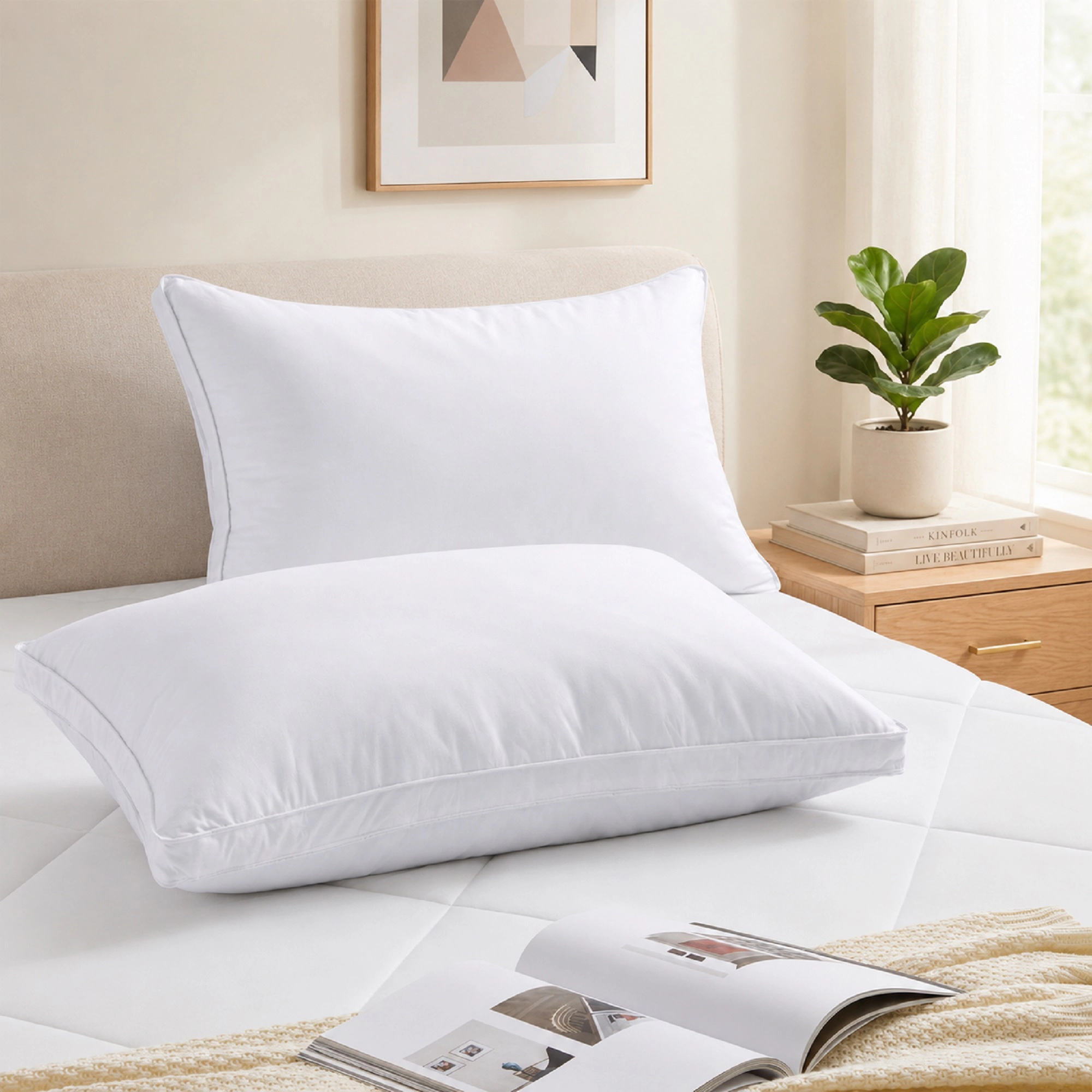 Unikome 233TC Cotton White Goose Feather Down Bed Pillows, Set of 2