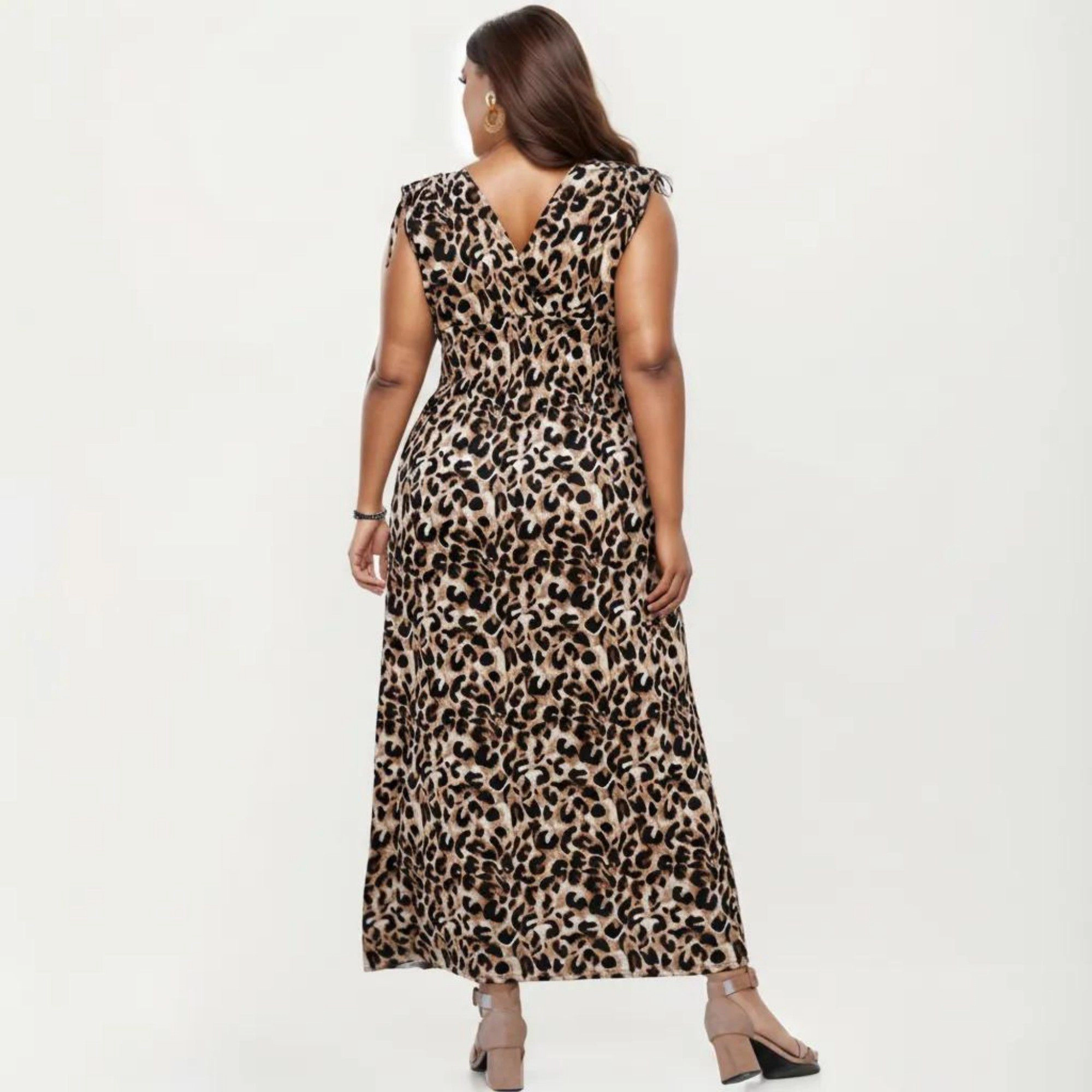 Anna-Kaci Women's Sleeveless V Neck Leopard Print Elastic Waist Flowy A Line Long Maxi Dress