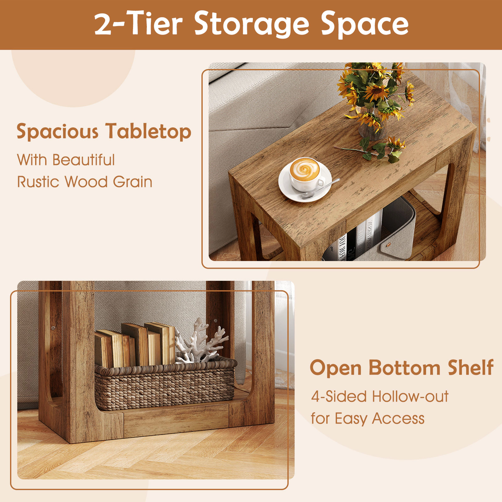 SUGIFT 2-Tier Engineered Wood End Table with Storage Shelf 135-lb Capacity for Living Room Oak