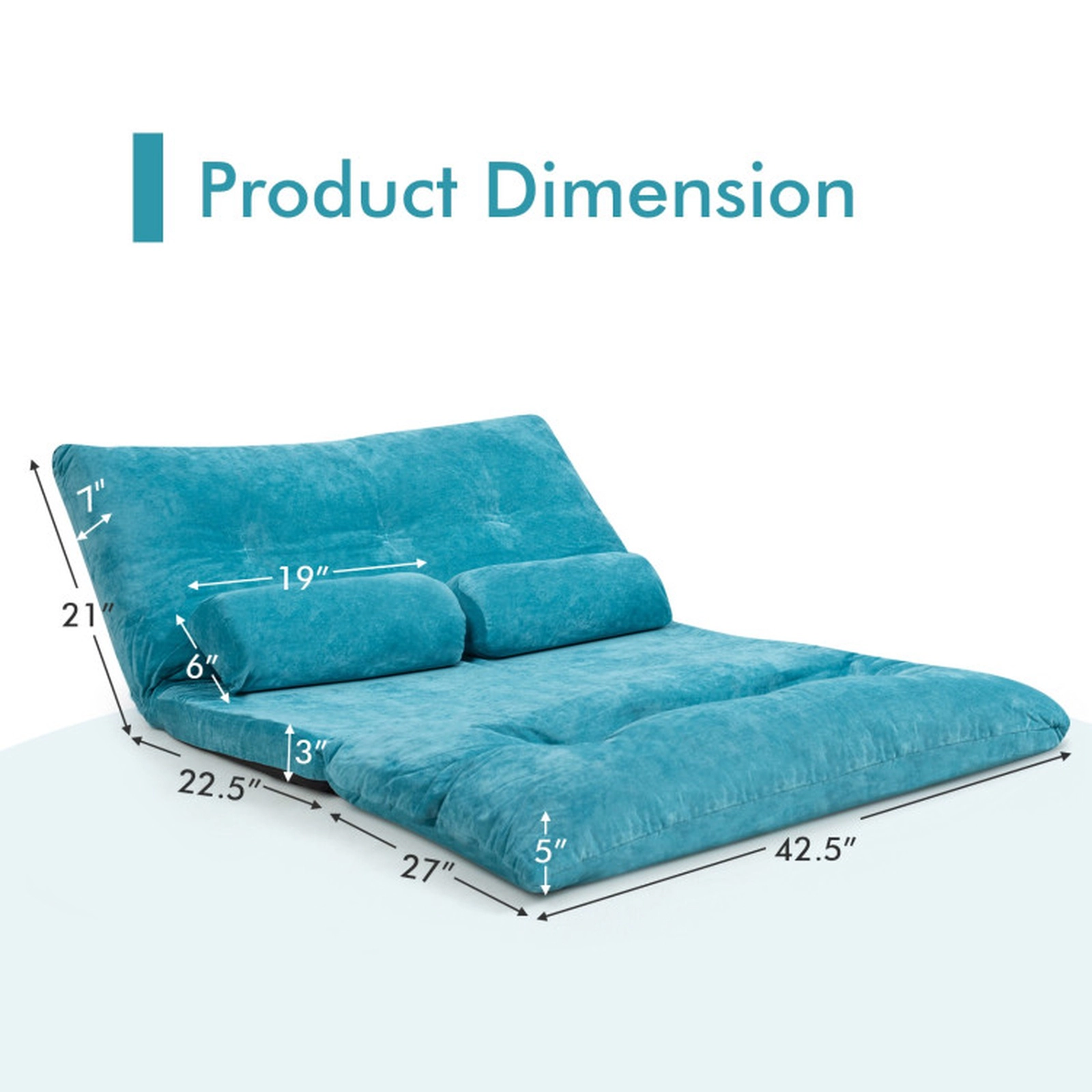 SUGIFT 6-Position Lay Flat 2 Pillows Corduroy Convertible Floor Sofa Bed 71-in x 42.5-in x 7-in 330-lb Capacity Blue