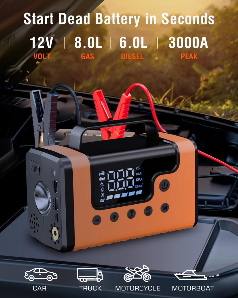 Alpha Digital 3000A, 8L Gas/6L Diesel, LED Light, 150PSI Air - Car Jump Starter/Air Comp/Vacuum