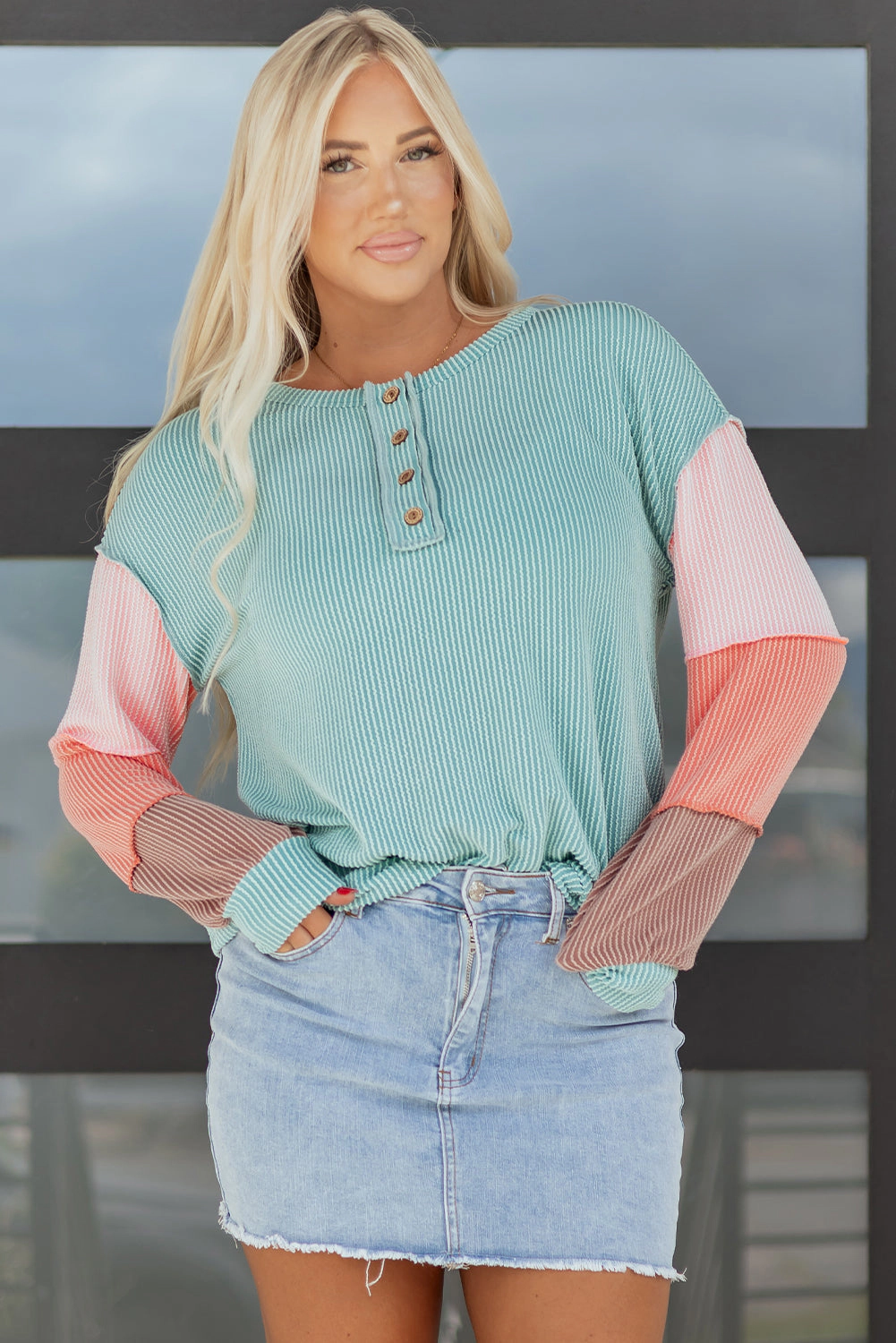 Threaded Pear Women's Aria Knit Colorblock Henley Top