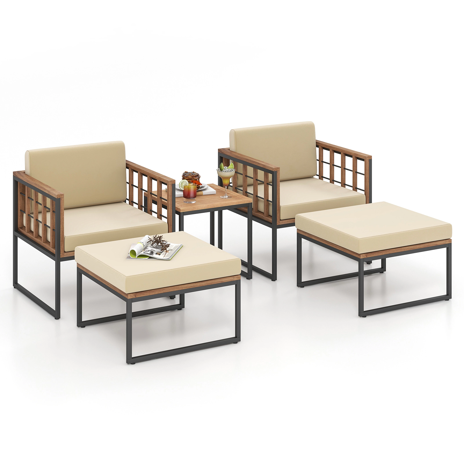 LJG 5 Piece Outdoor Furniture Set Acacia Wood Chair Set with Ottomans and Coffee Table