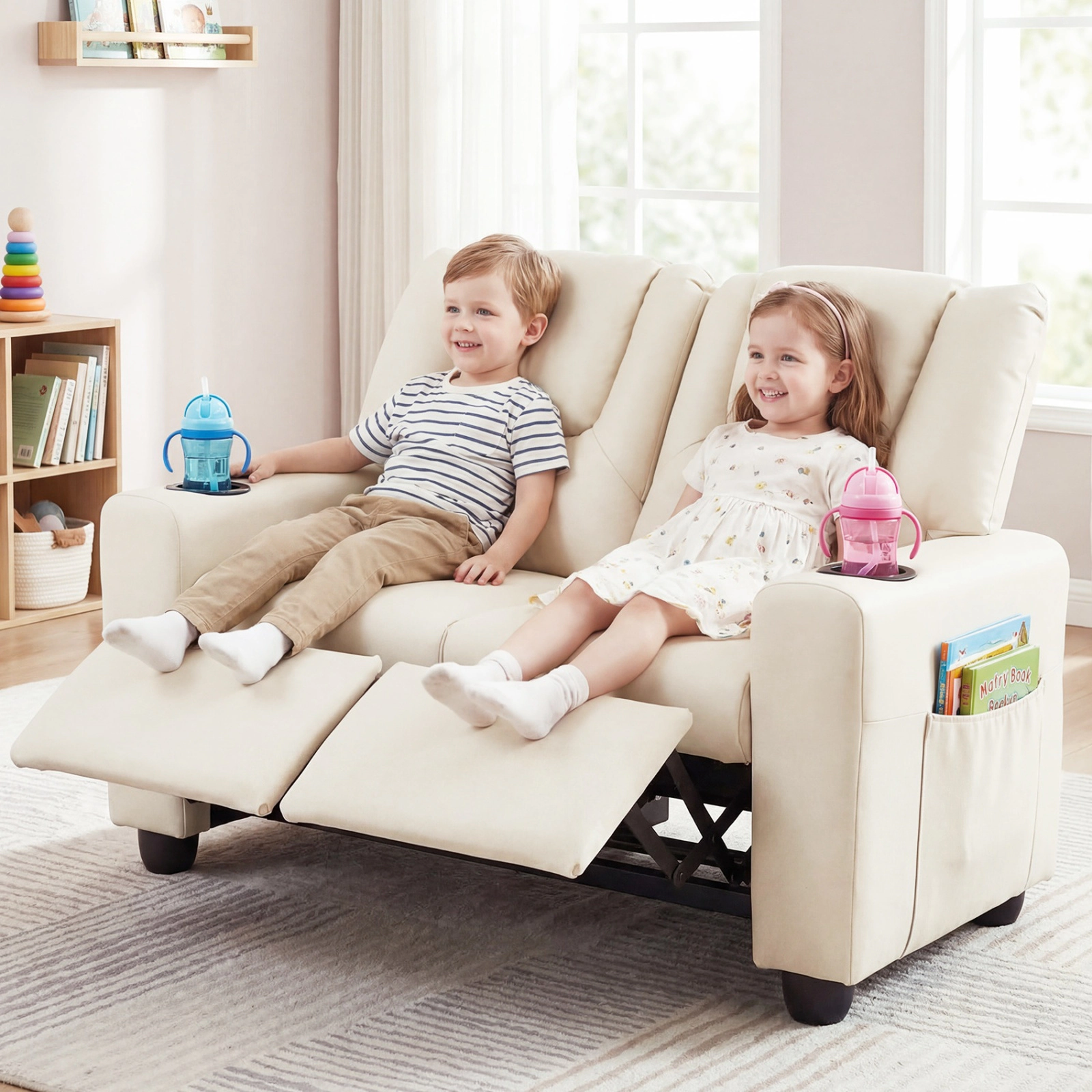 SUGIFT Adjustable 2-Seater Kids Recliner Double Toddler Sofa Chair Cup Holders 330-lb Capacity Ages 3+ 38-in Wide Beige