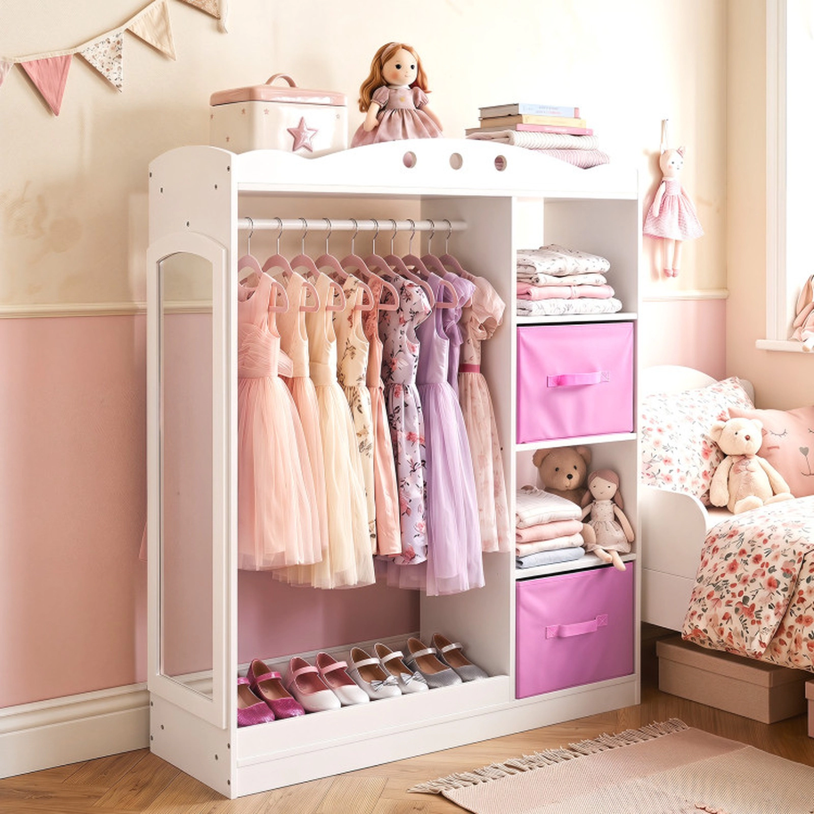 SUGIFT 44-in White Kids Dress Up Storage and Clothing Rack with Full Length Acrylic Mirror and 2 Fabric Drawers