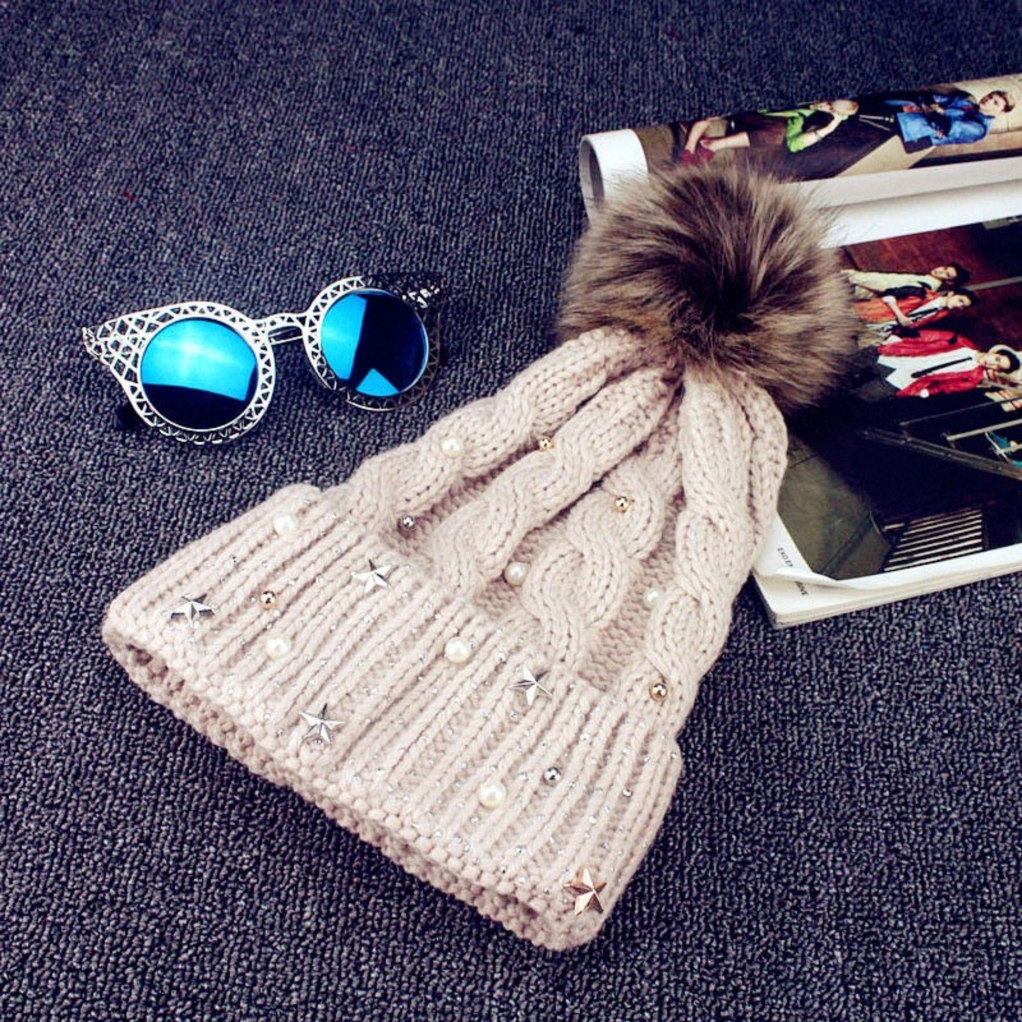 Anna-Kaci Women's Cable Knit Pearl Star Embellished Pom Winter Beanie Hat