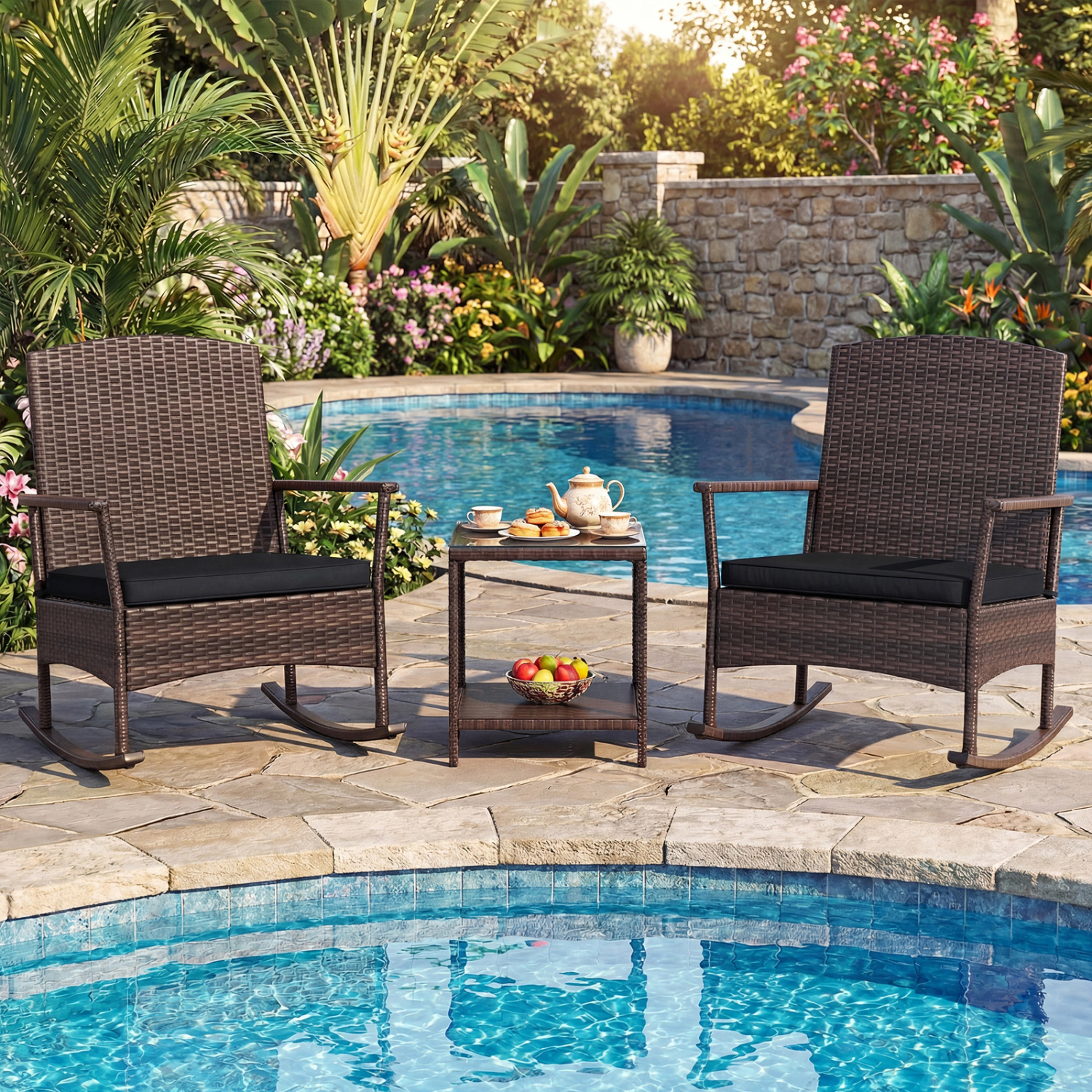 LJG 3 Piece Patio Rocking Set Wicker Chairs with 2-Tier Coffee Table