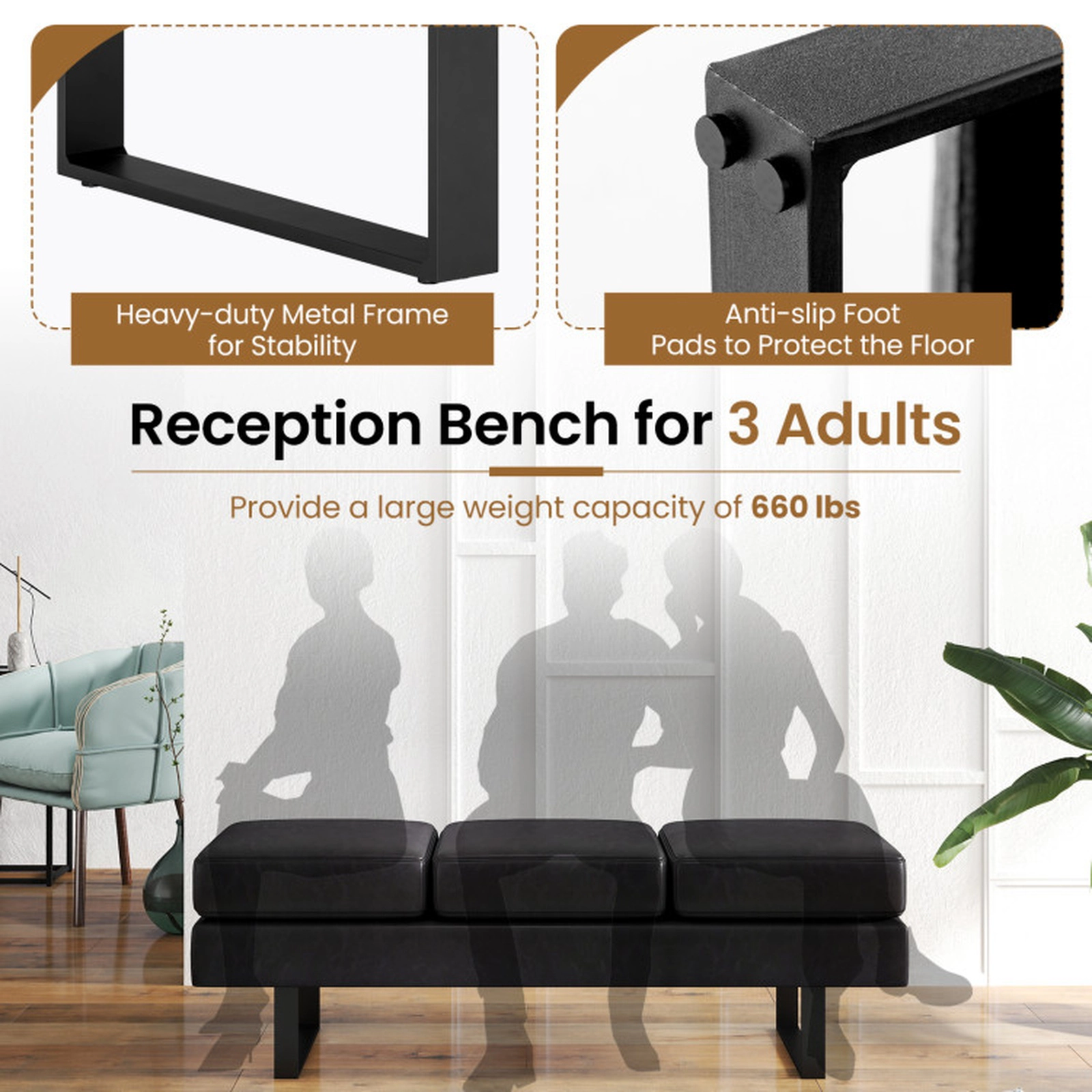 SUGIFT 3-Seat Waiting Room Bench with Faux Linen Cushions 660-lb Capacity 59-in Long Removable Cushion Design Gray/Black