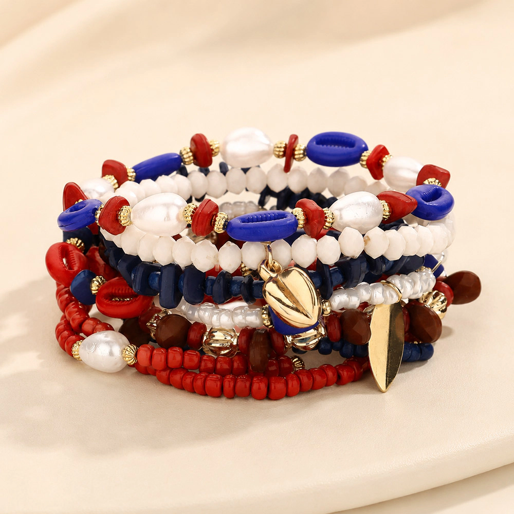 FASHNZFAB 9PCS - Metal Moon Sun Shell Charm Evil Eye Pointed Various Beads Beaded Stretch Multi Layered Bracelet - Multi