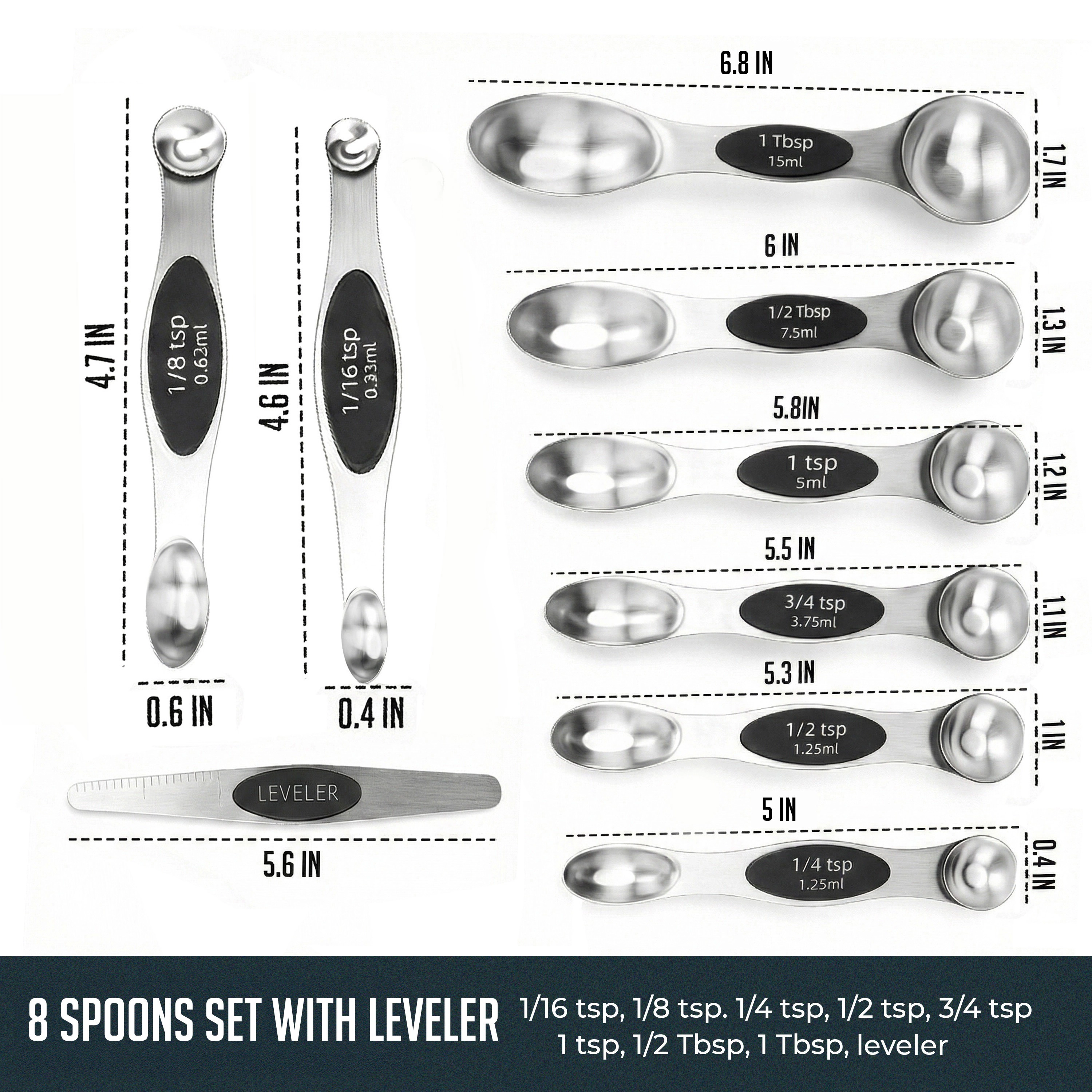 Luminuxe Magnetic Measuring Spoons with Leveler Set, Dual Sided Stainless Steel, Strong N40 Magnets Nesting Spoon