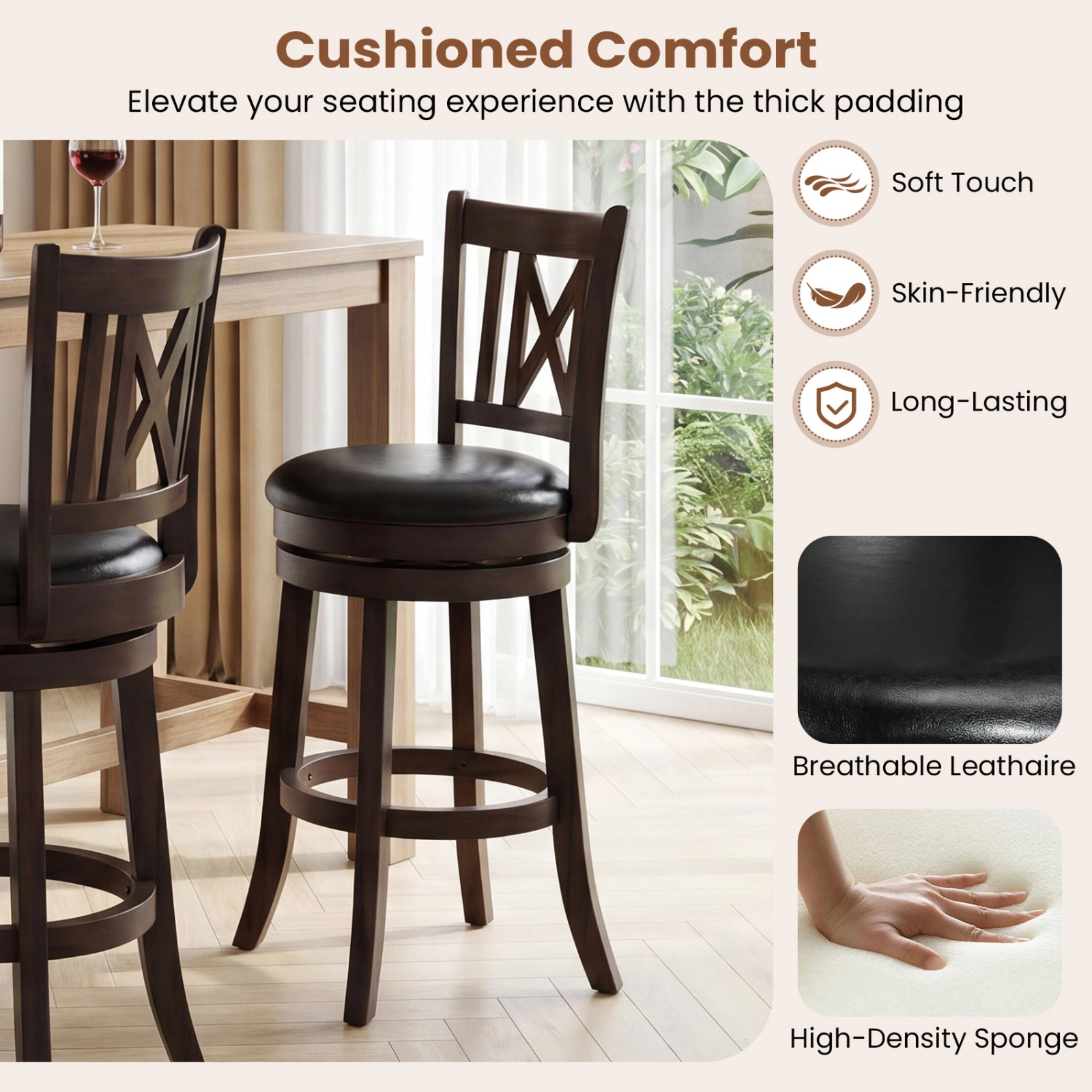 SUGIFT Set of 2 26-Inch Dark Chocolate Swivel Counter Stools with Contoured Backrests