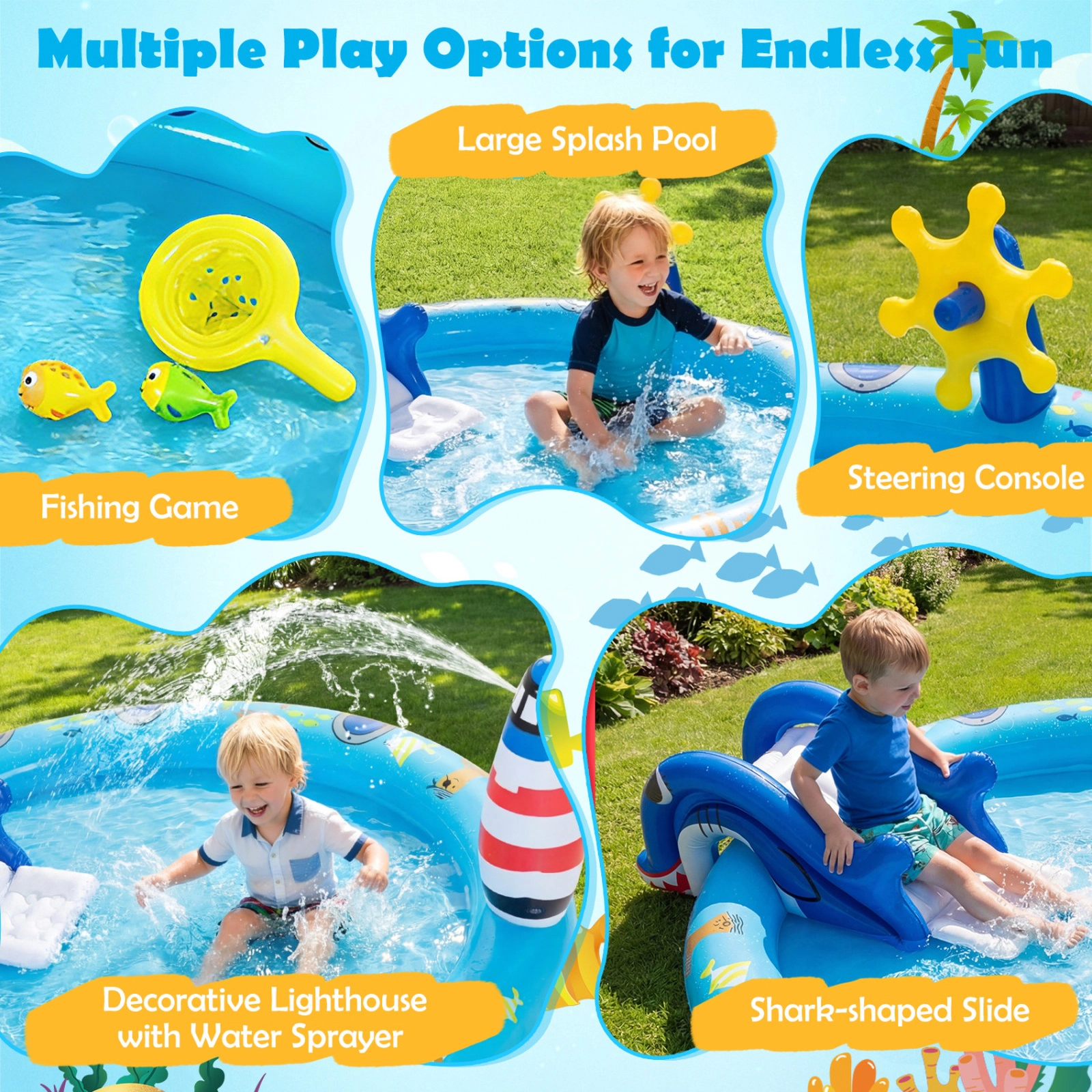 SUGIFT Shark Slide Lighthouse Sprinkler and Fishing Game Kids Inflatable Marine Spray Pool Play Center