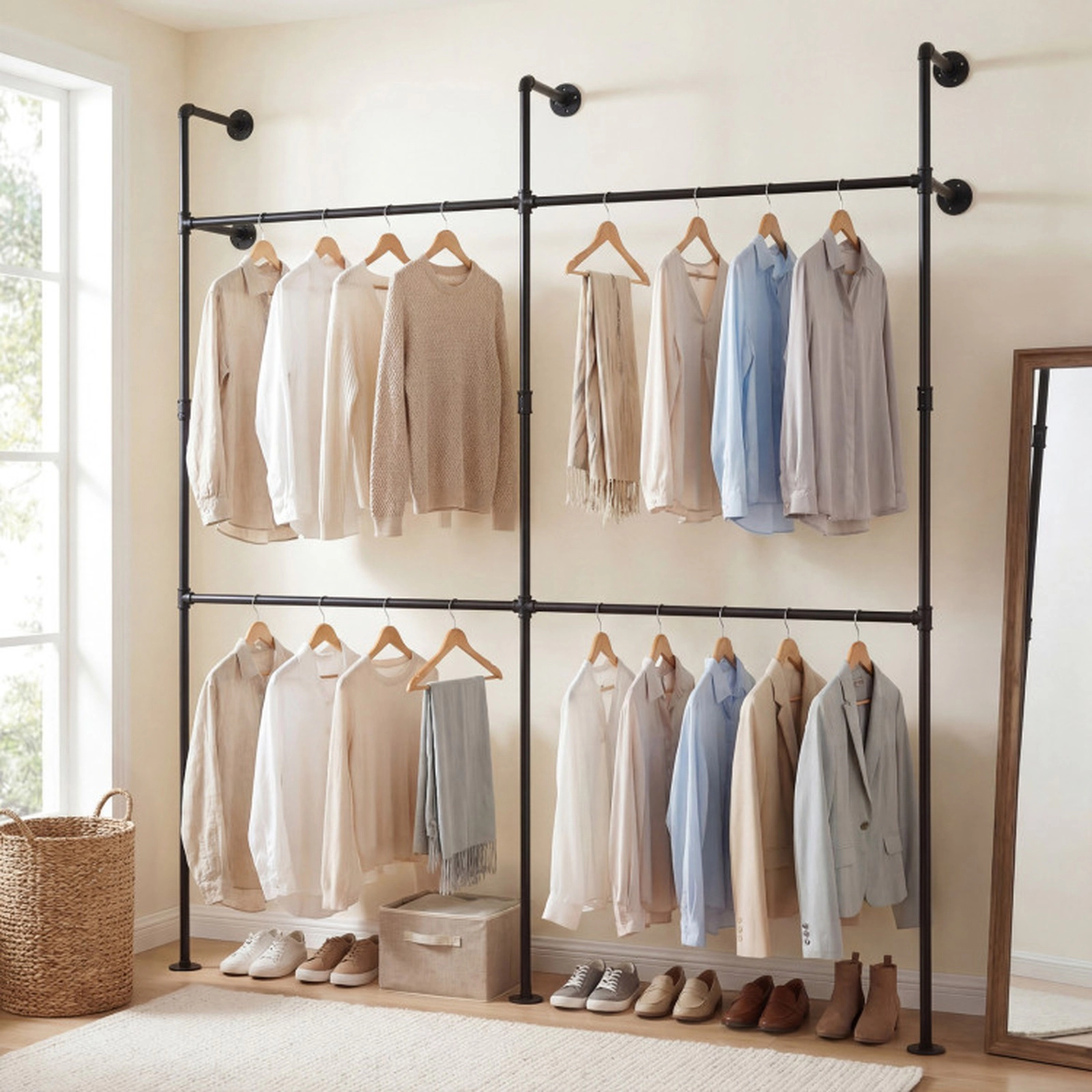 SUGIFT 4 Hanging Rods Double-Tier Wall Mounted Pipe Clothing Rack 79-in x 12.5-in x 89.5-in 45-lb per Rod Black