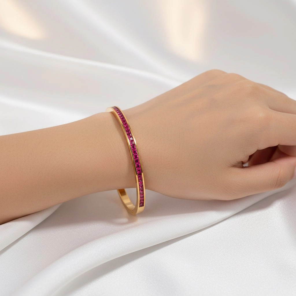 DressAtR Women's Red Zircon Gold Tone Bangle Bracelet