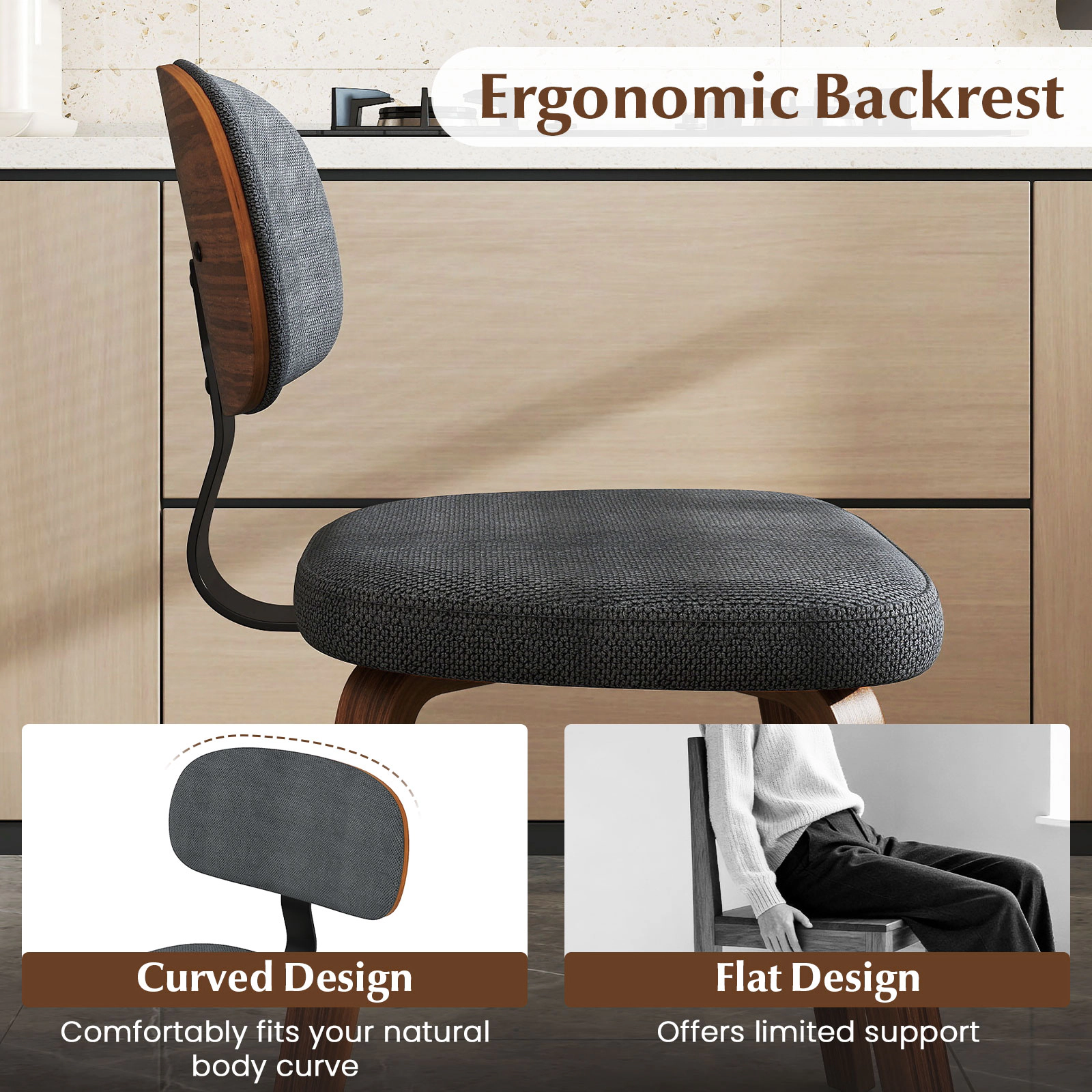SUGIFT Chenille Fabric Upholstered Wooden Dining Chairs Set of 2 330-Lb Capacity Dark Gray