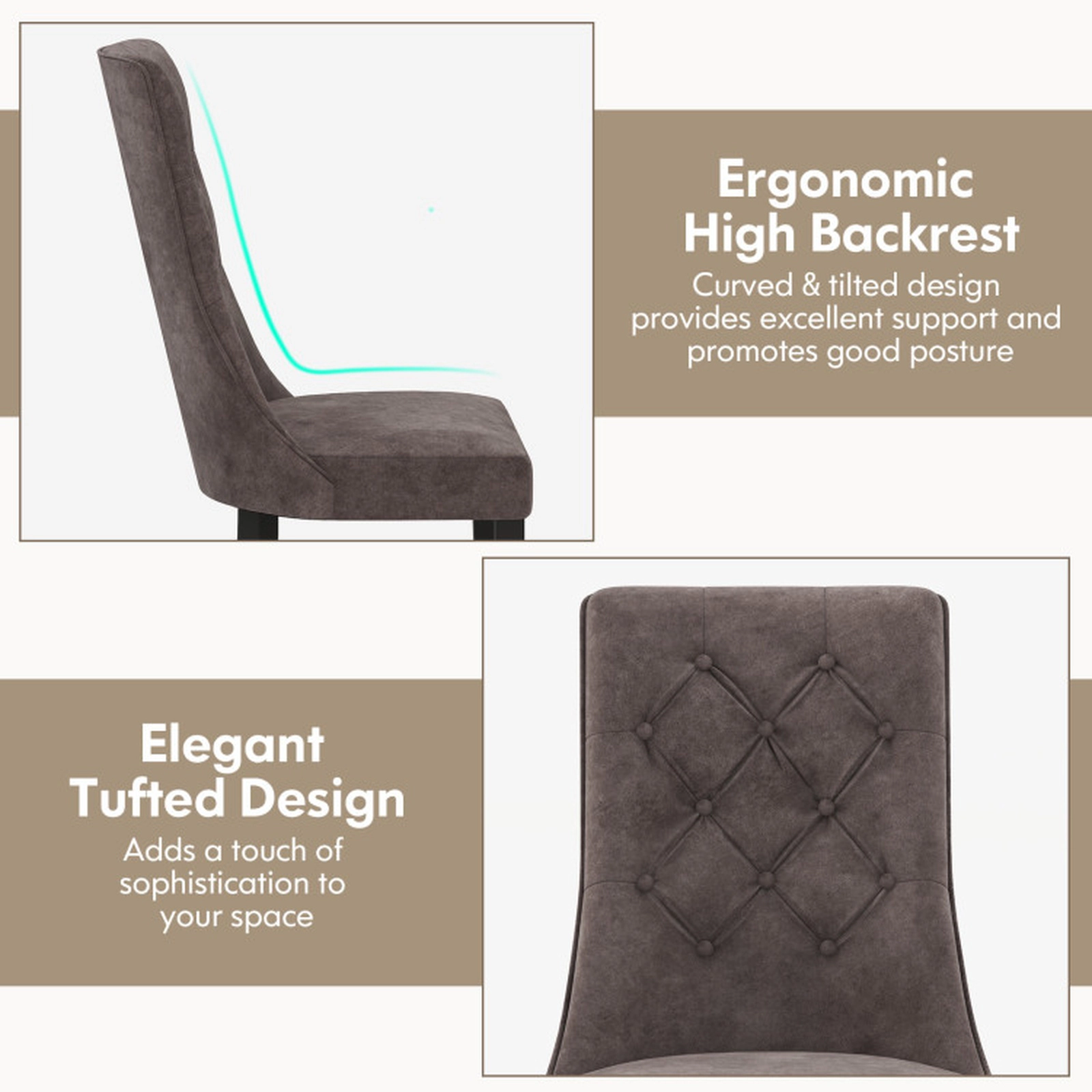 SUGIFT Set of 2 Velvet Tufted High Back Rubber Wood Dining Chairs 24-in x 20.5-in x 40-in 300-lb Capacity Light Gray