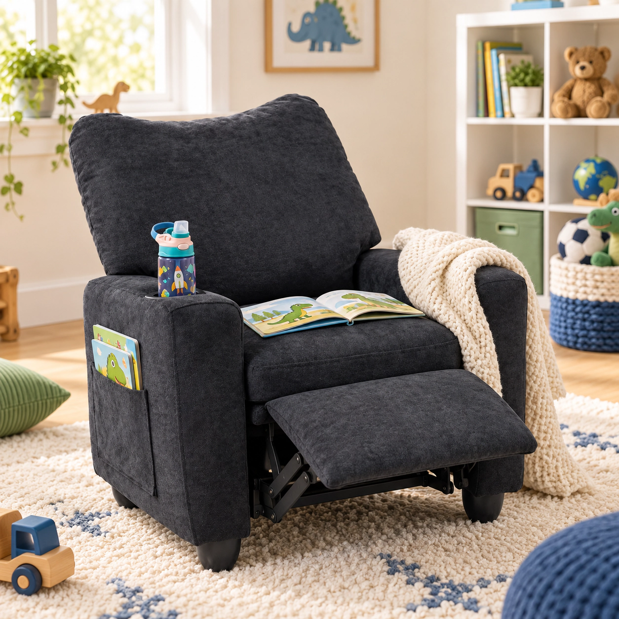 SUGIFT Kids Chenille Fabric Cup Holder Push Back Recliner 24-in x 20.5-in x 30-in 150-lb Capacity Ages 3+ Black