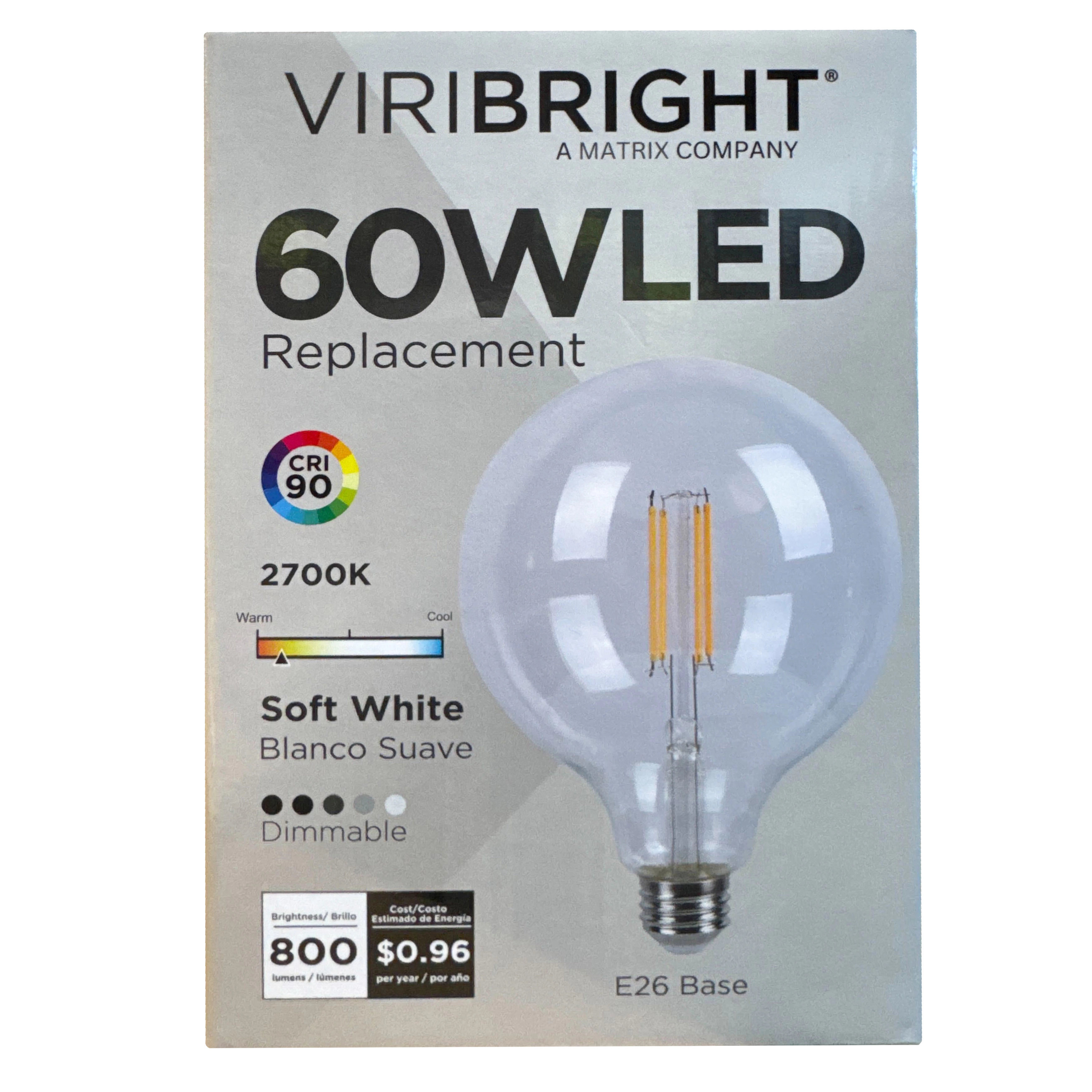 Viribright® G40 LED Bulb, Filament, Clear, CEC, 90+ CRI, 800 Lumens, Soft White 2700K