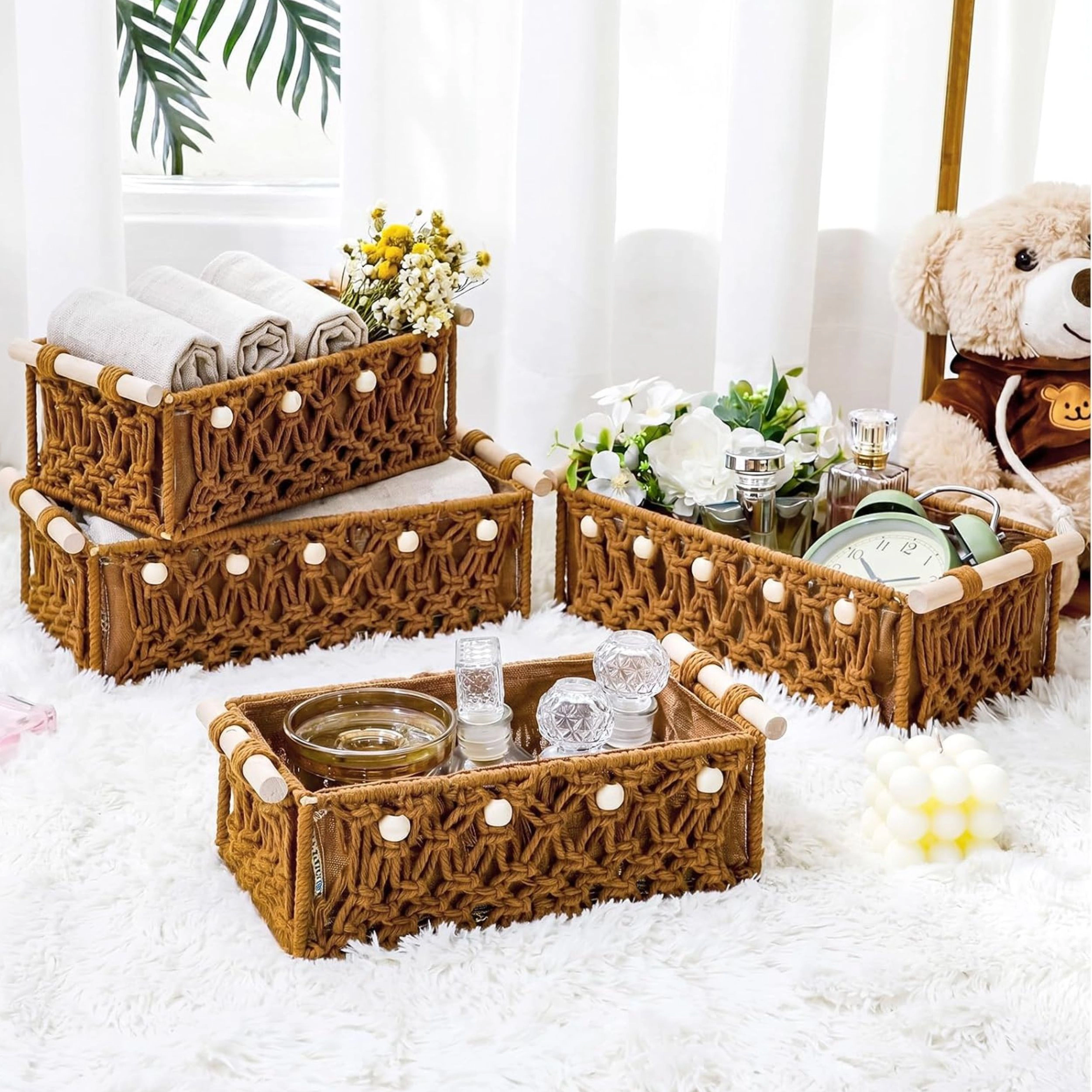 Stock Preferred Pack of 4 Macrame Storage Baskets with Wood Handles 13x11 Inch