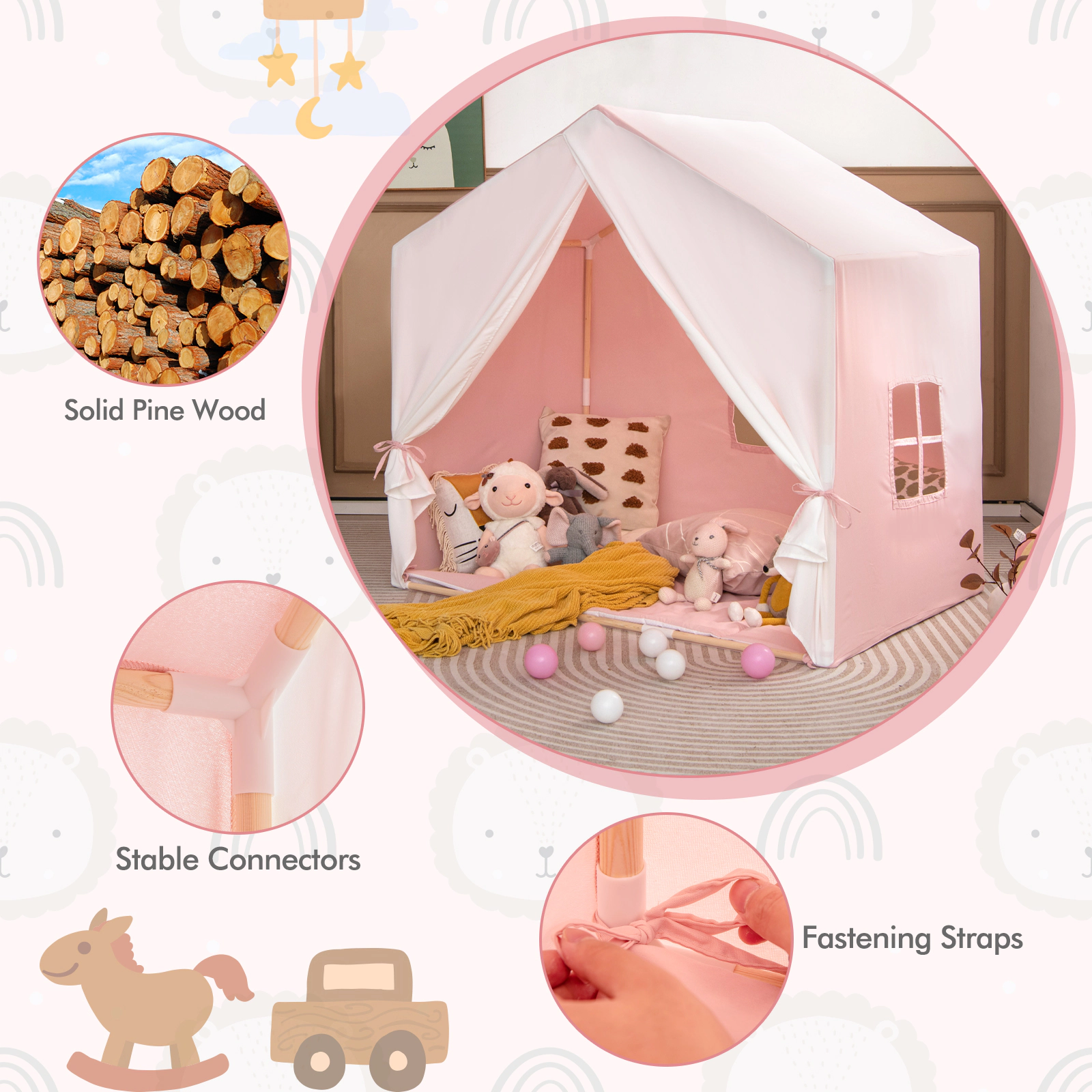SUGIFT Kid's Play Tent with Washable Cotton Mat and Flag Banner 52-in Long Ages 3+ Pink Orange Bed Tent