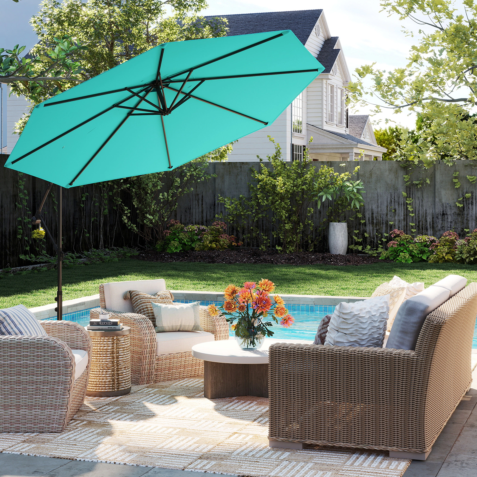 SUGIFT Beige Solar Patio Market Umbrella with Vented Top Crank Handle and 112 LED Lights 10-ft Dia 8.5-ft H