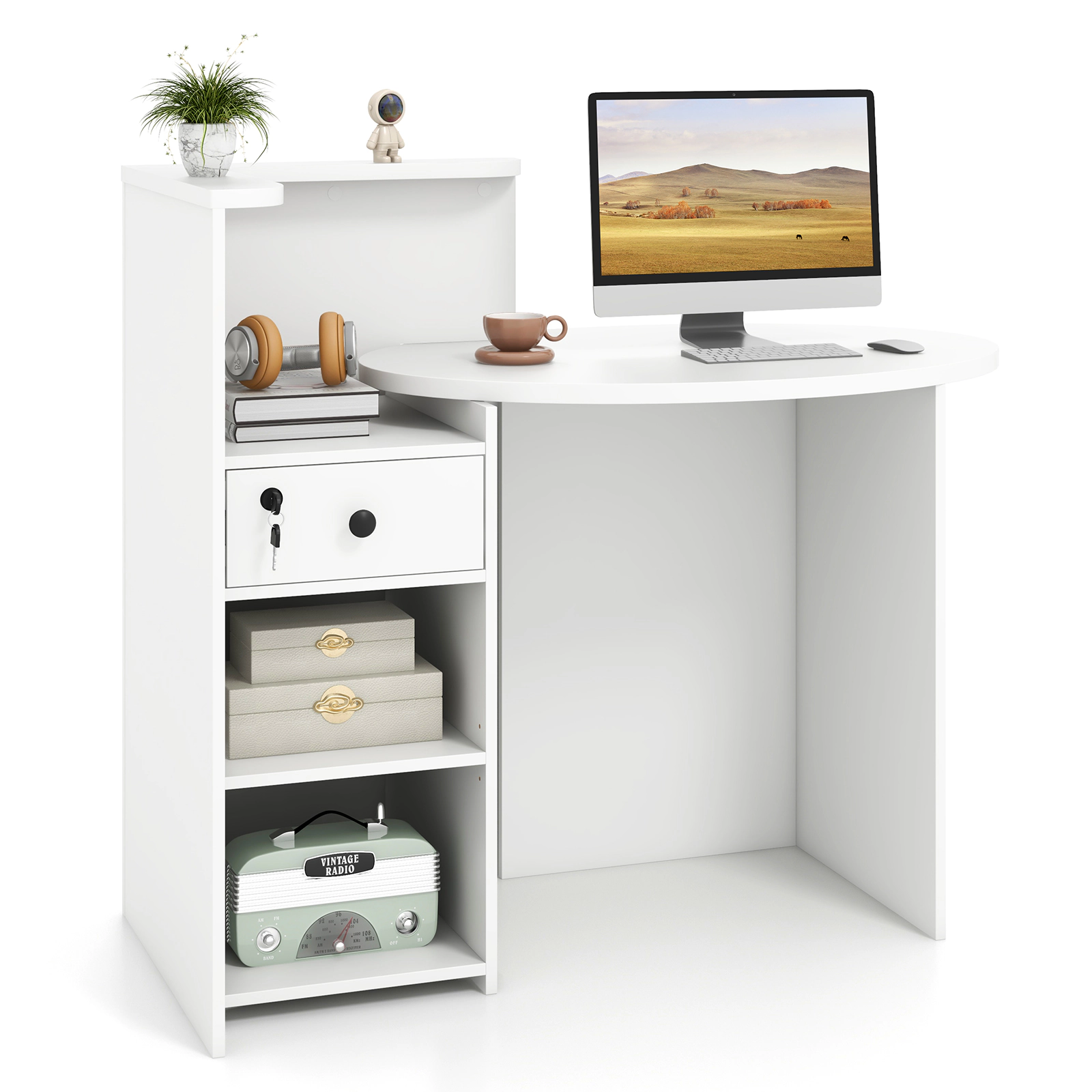 SUGIFT Reception Office Desk with Oval Desktop and L-Shaped Shelf 110-lb Desktop Capacity with Lockable Drawer White