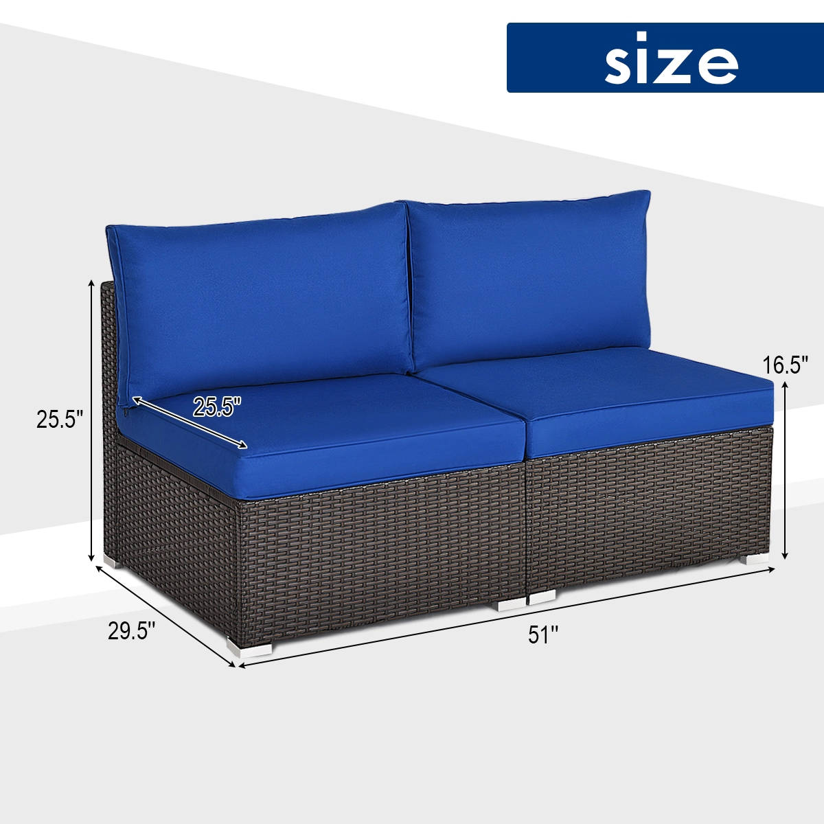 LJG 2 Pieces Patio Rattan Armless Sofa Set with 2 Cushions and 2 Pillows
