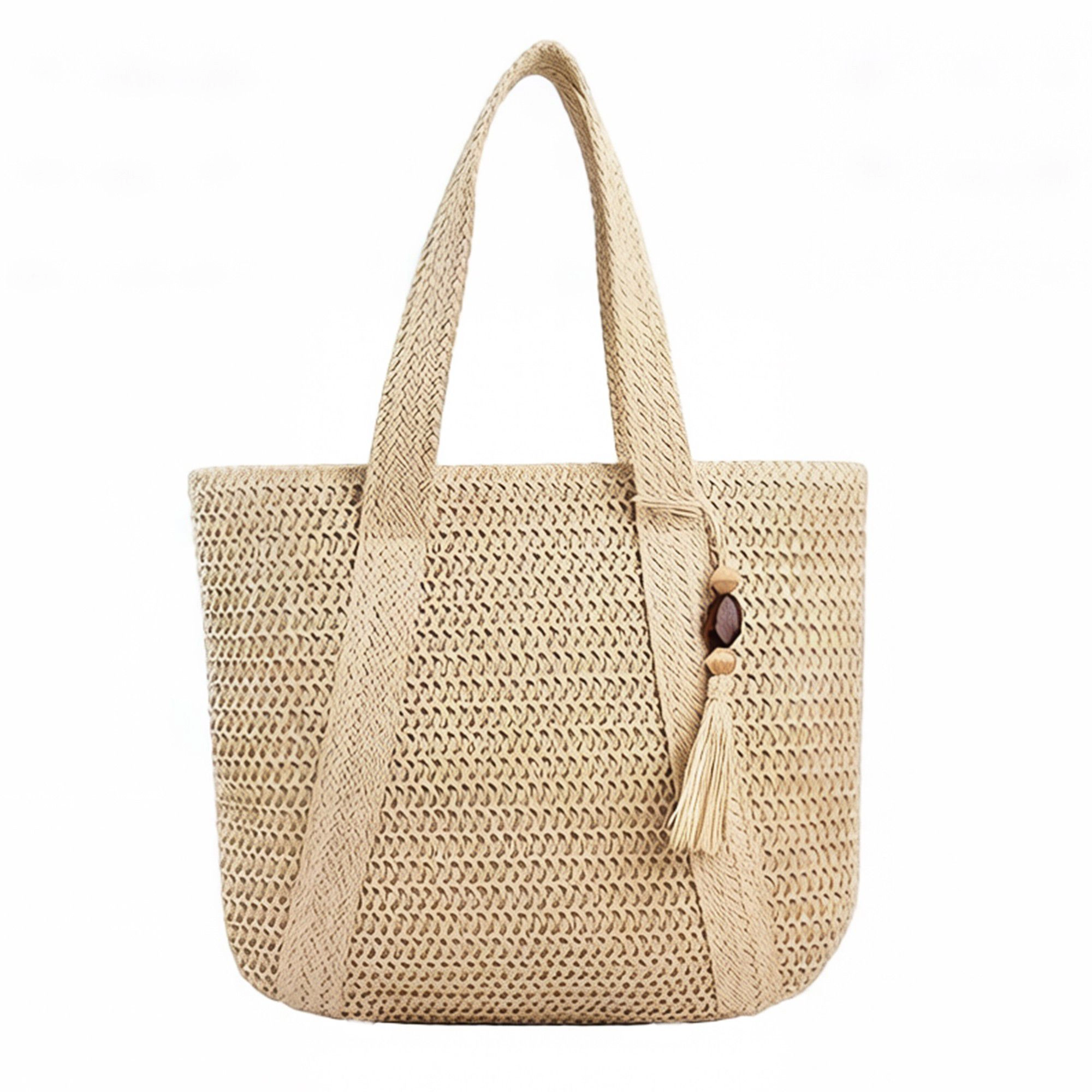 Alilang Women's Crochet Knit Tote Bag with Structured Shape Dual Shoulder Straps and Tassel Accent Detail