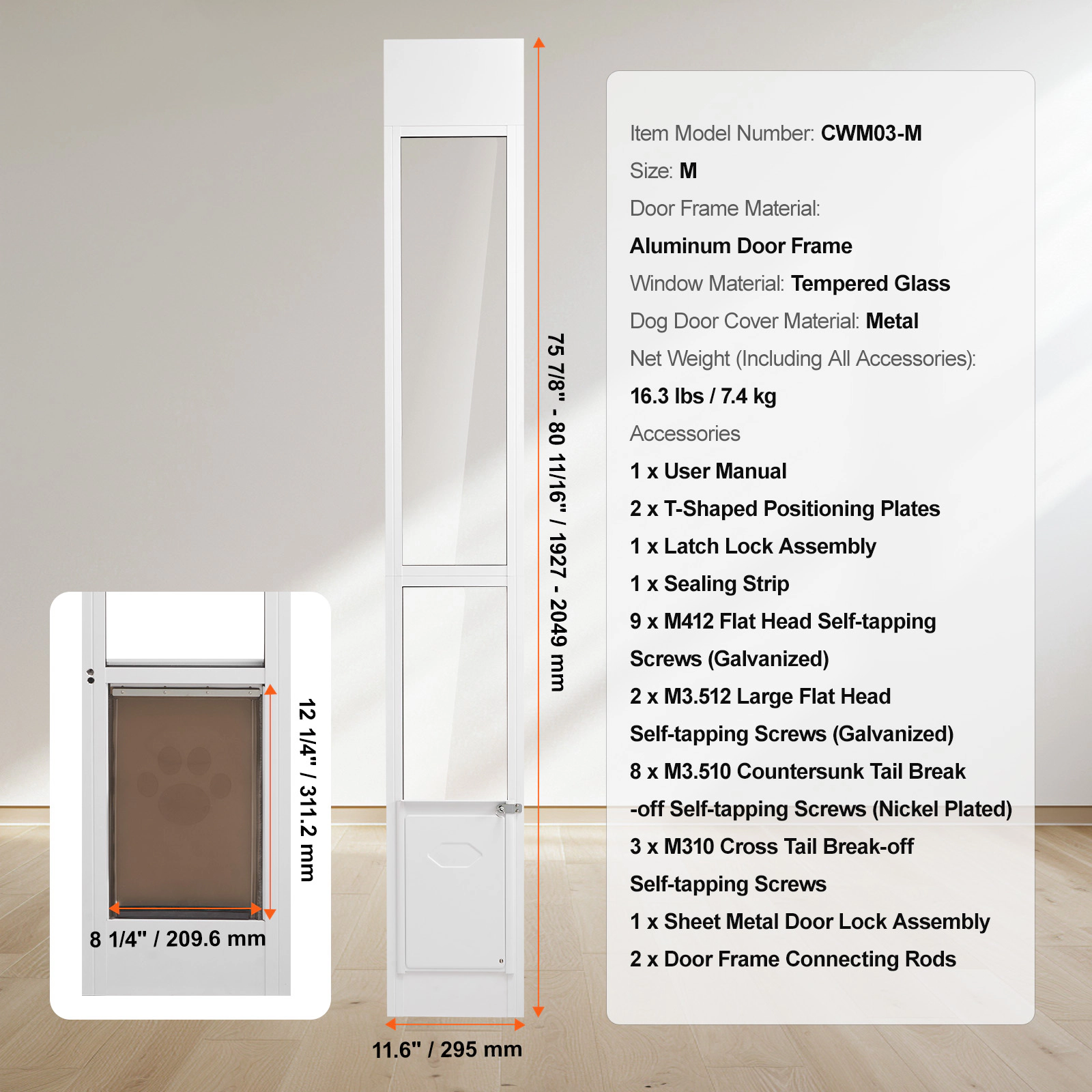 HONGGE Sliding Glass Dog Door for Small Dogs, 8x12 Inch Flap, Aluminum Frame, Tempered Glass Window, Lock