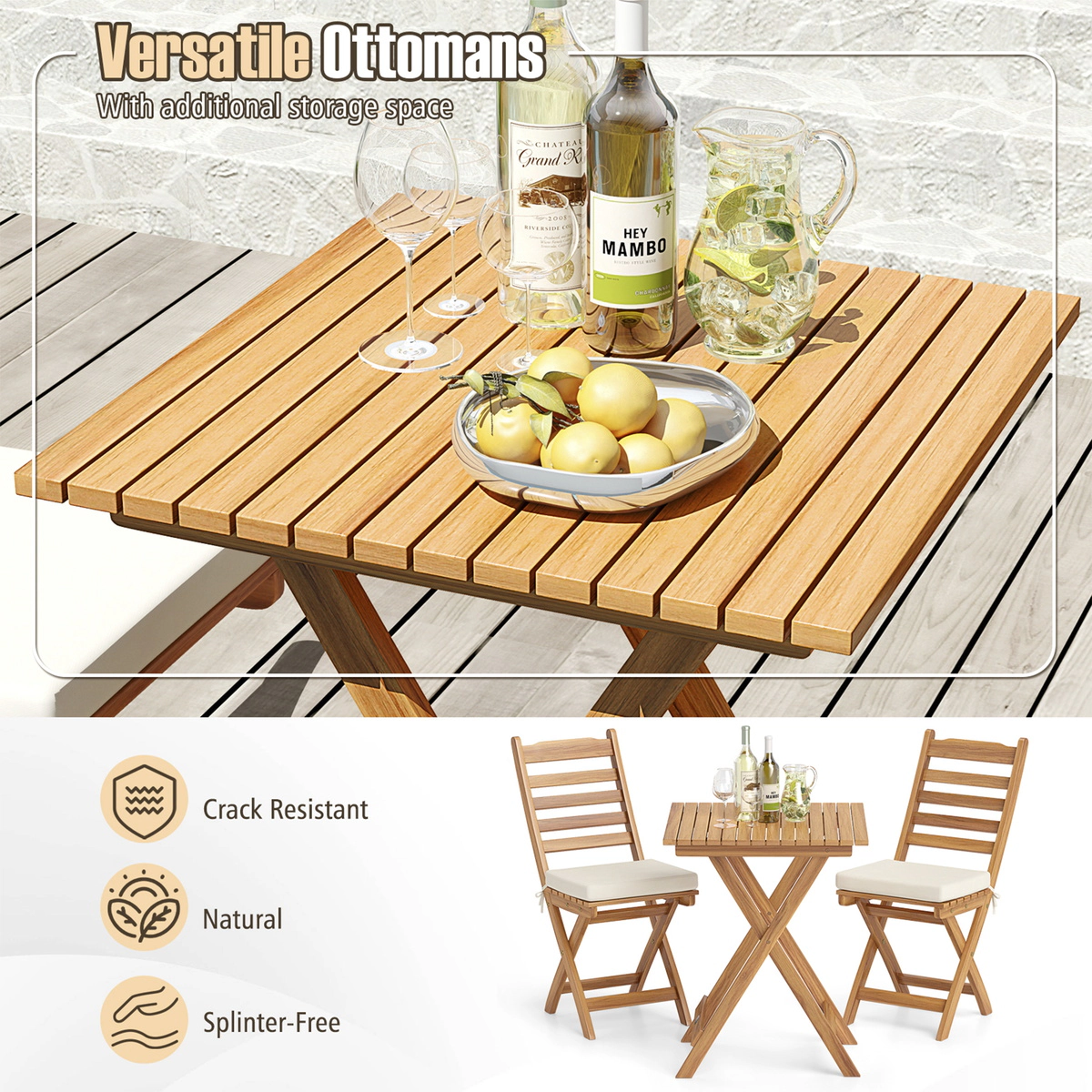 SUGIFT White Table and Seat Cushions 3-Piece Folding Acacia Wood Patio Bistro Set