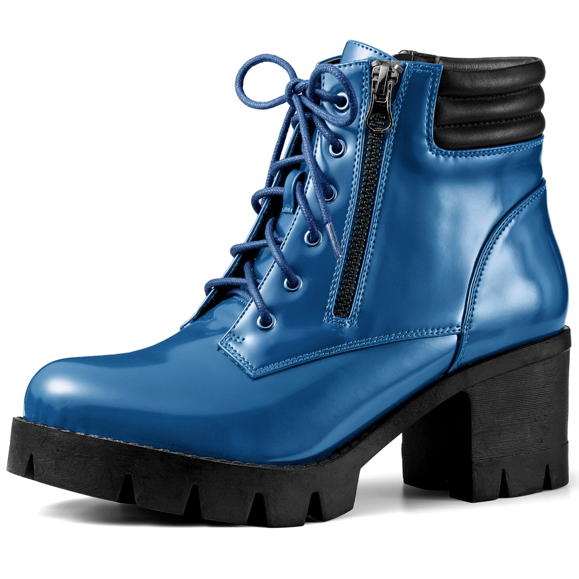 BLISSFUL STEP Women Round Toe Chunky Heel Lace Up Platform Combat Boots