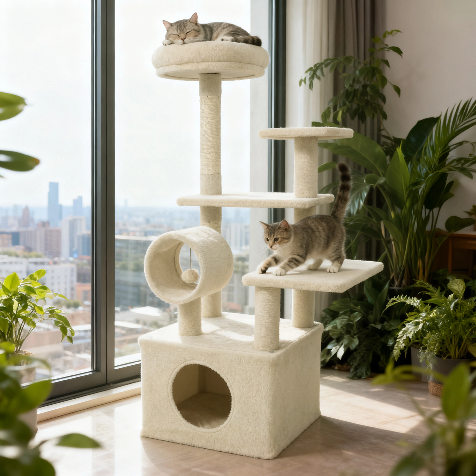 SUGIFT 48-in Beige Cat Tree for Indoor Cats with Thick Padded Top Perch Large Condo and Jute Posts