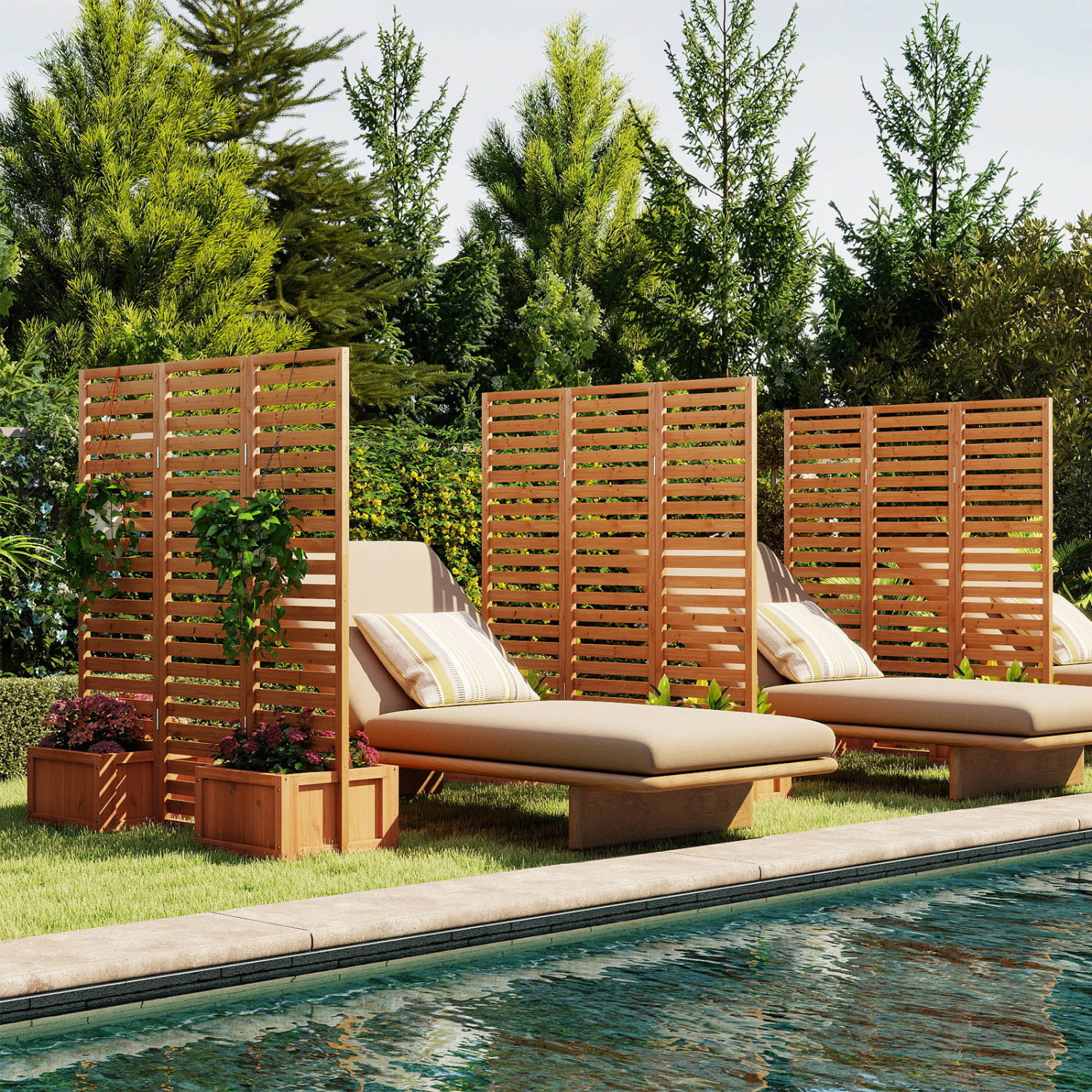 LJG 3-Panel Solid Wood Frame Freestanding Garden Fence with 2 Self-Draining Planter Boxes
