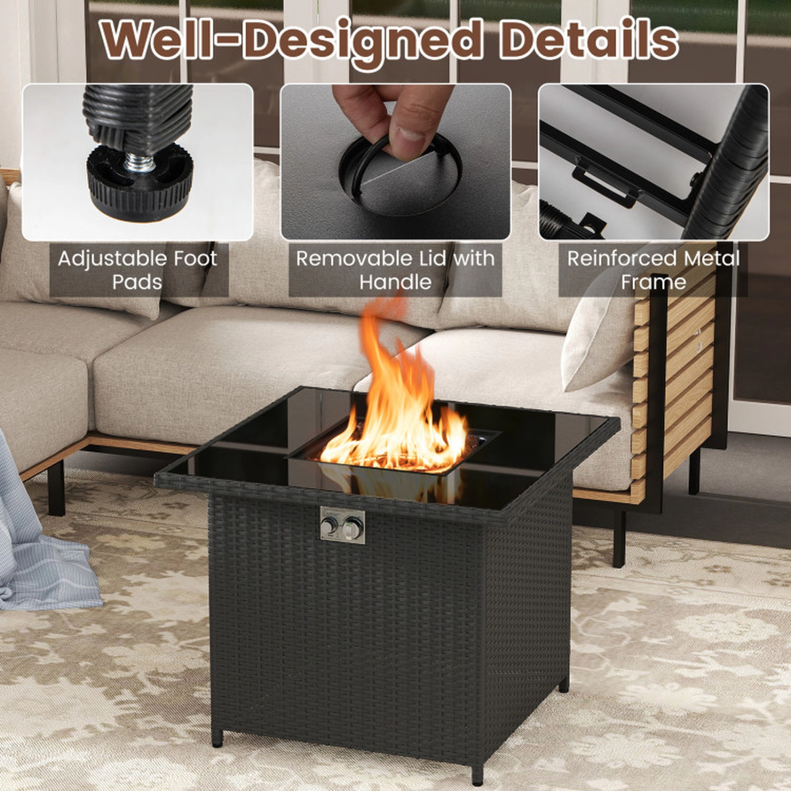 SUGIFT 32.5-Inch 50,000 BTU Propane Fire Pit Table, Tempered Glass, PE Rattan, Tank Door