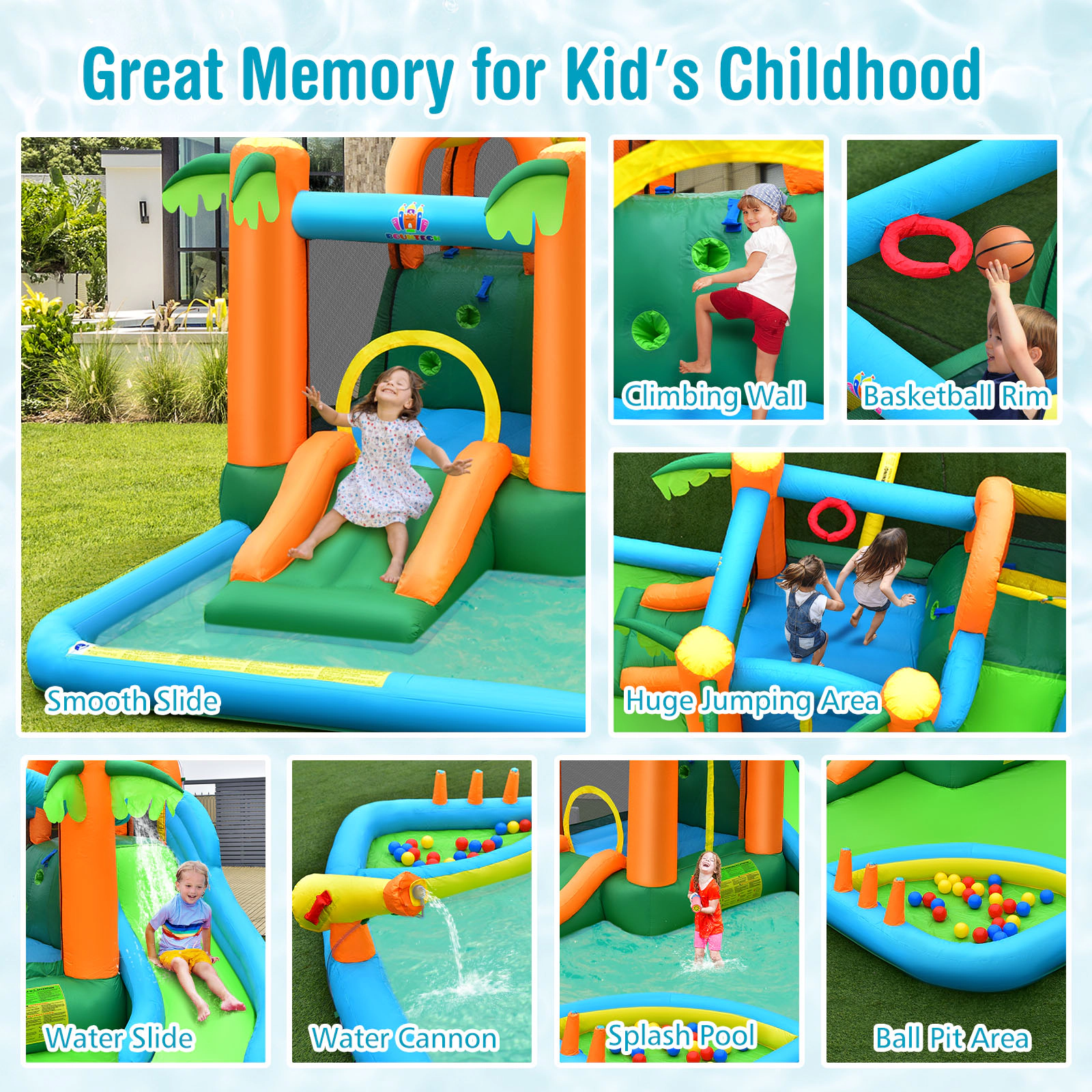 SUGIFT Inflatable Water Slide Park with Extended Slide Handrails Trampoline Splash Pool and Ocean Balls