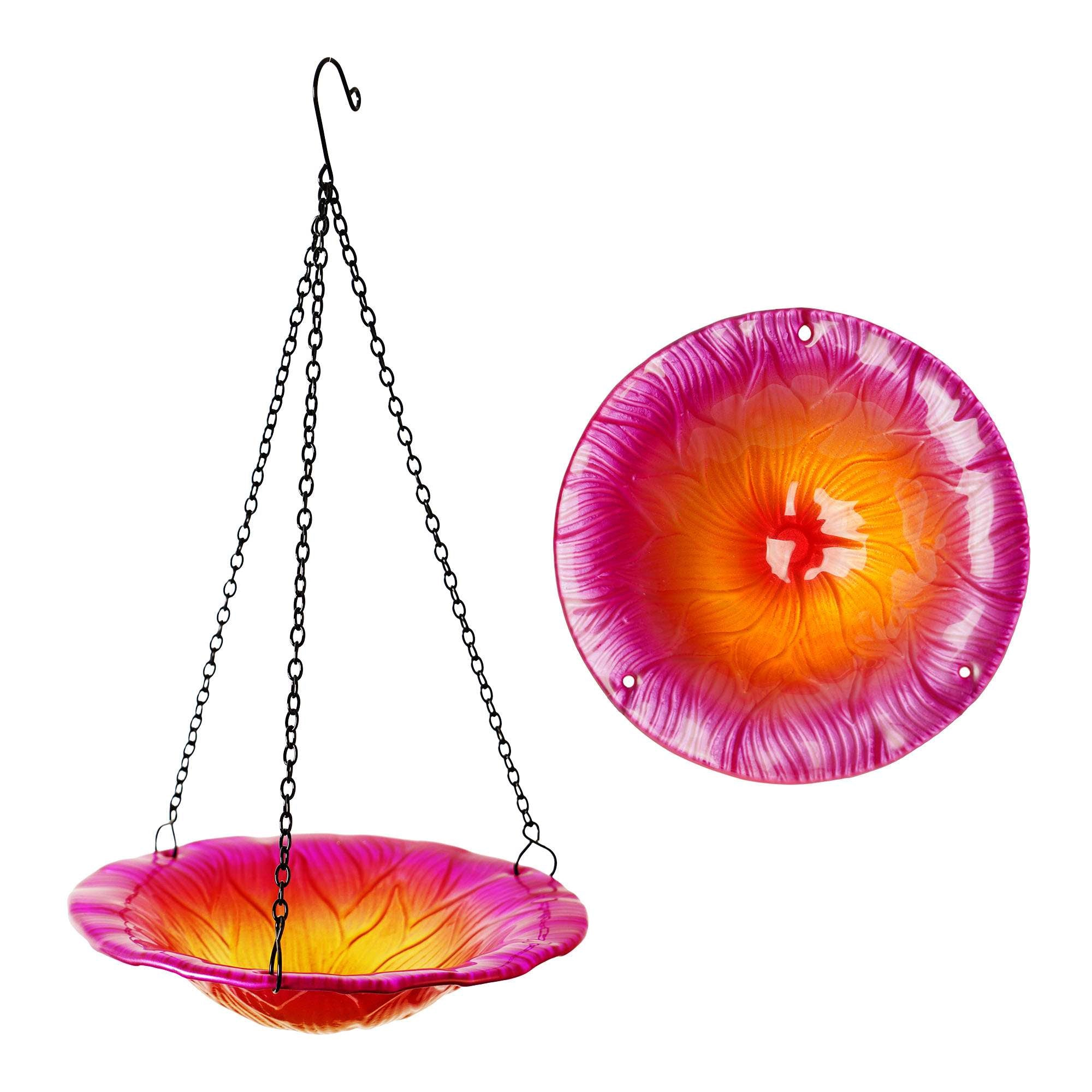 G128 8-inch Hanging Glass Bird Bath and Feeder, Pink Flower Design