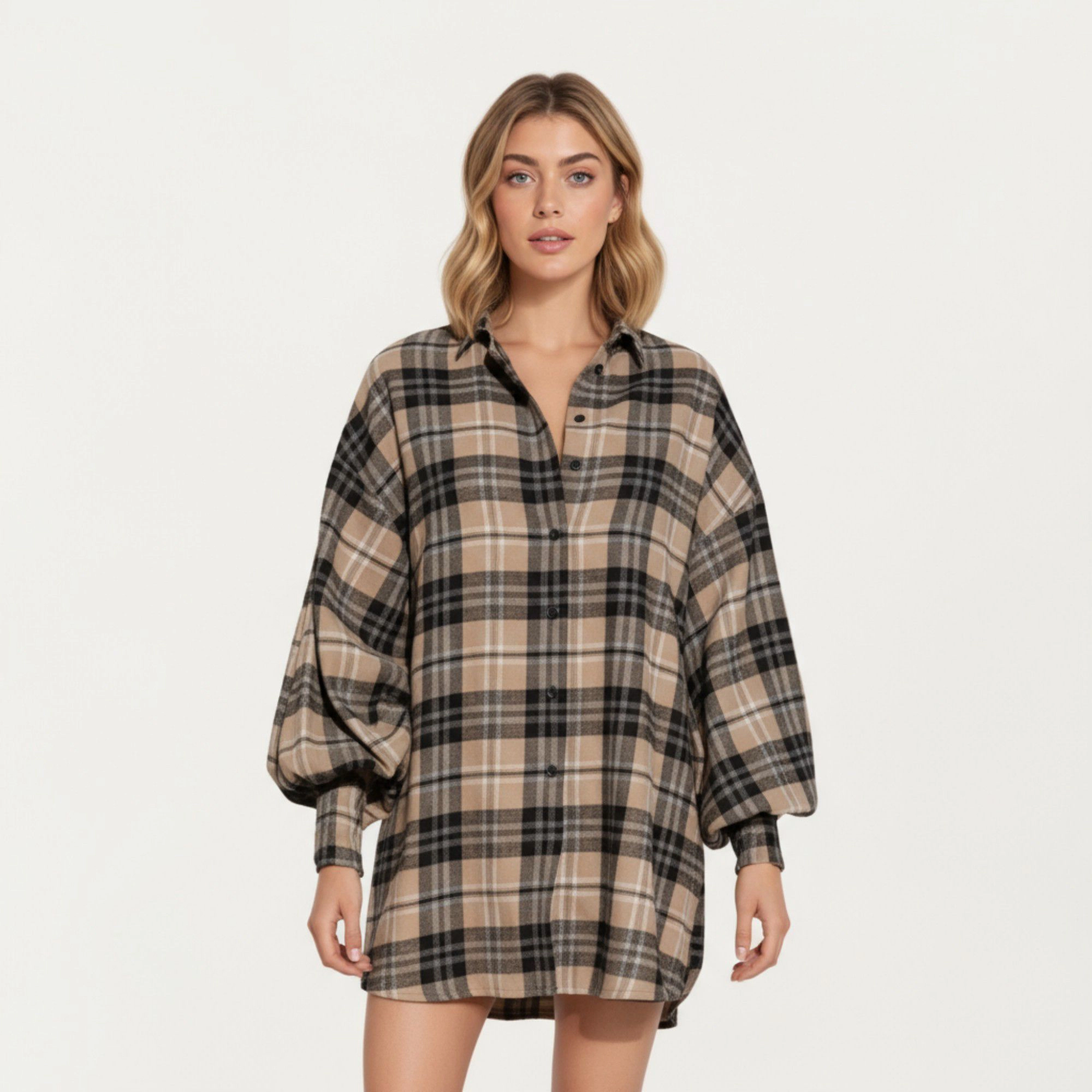 Anna-Kaci Women's Oversized Plaid Long Balloon Sleeves Button Front Collar Detail Shirt Dress
