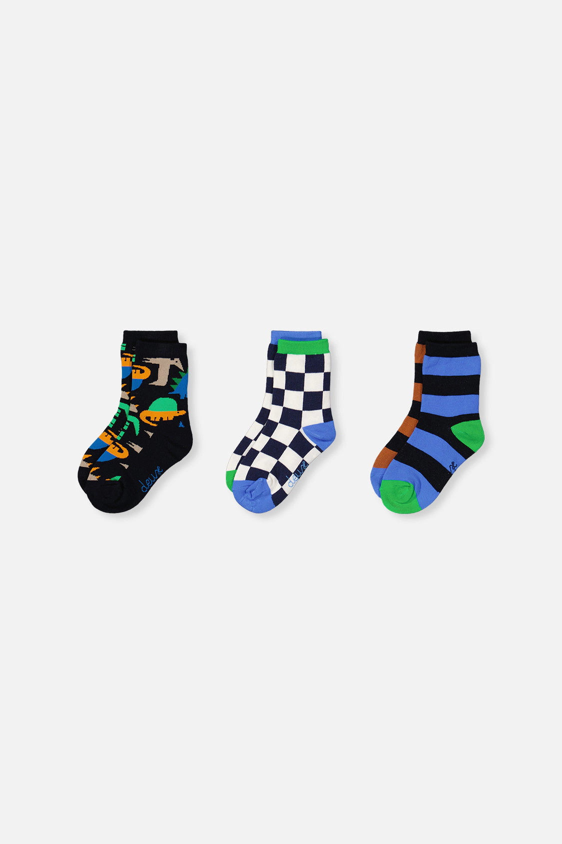Deux par Boys Checkered, Striped and Dinosaur Print Ribbed Cuff Socks