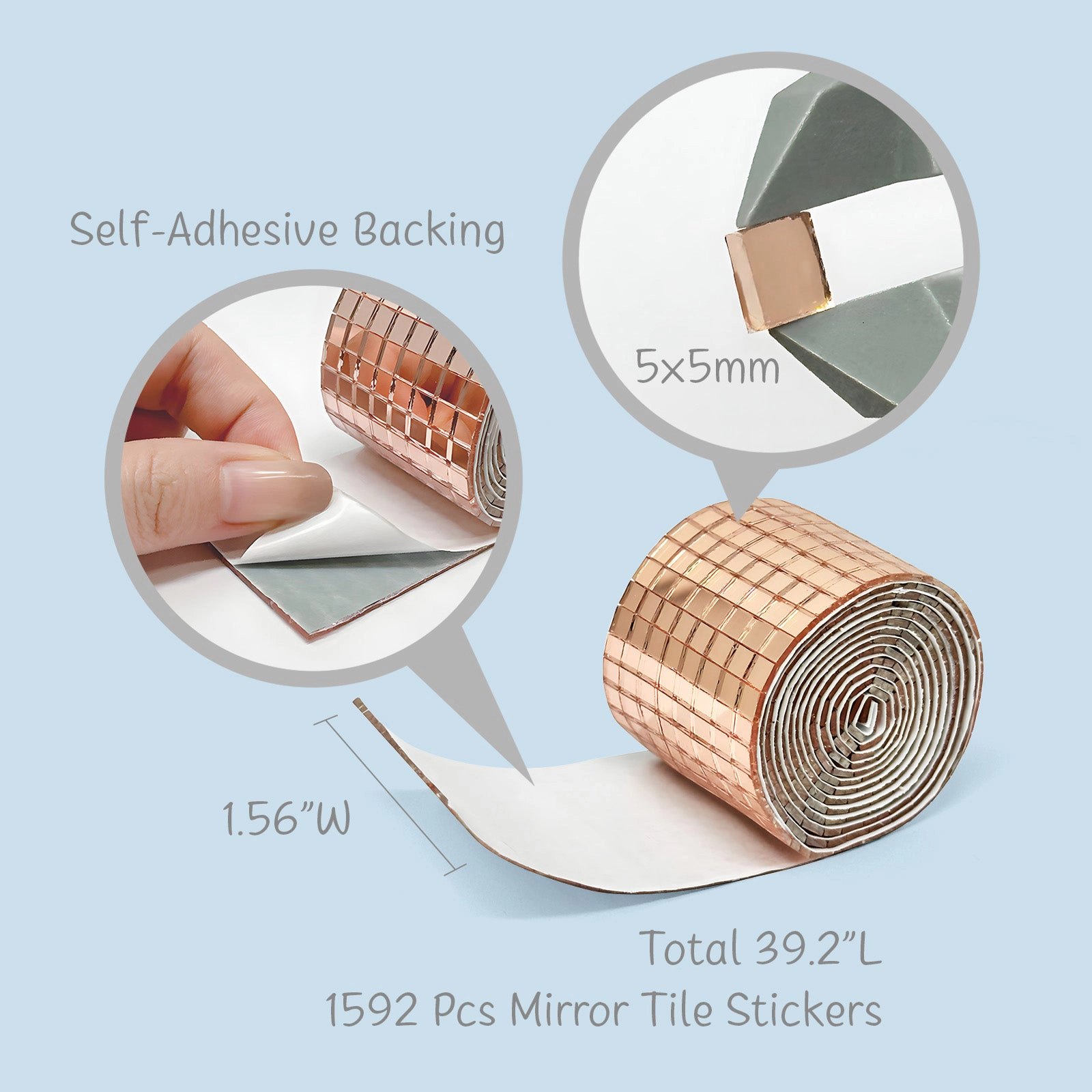 Wrapables 5mm x 5mm Self Adhesive Mosaic Glass Mirror Tile Stickers, 1592pcs for Arts and Crafts, Decoration, Rose Gold
