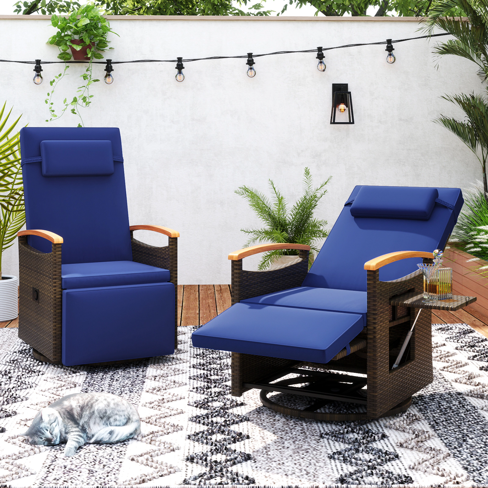 SUGIFT Patio Rattan 360° Swivel Recliner Chair with Adjustable Backrest & Footrest 400-lb Capacity with Side Table Navy