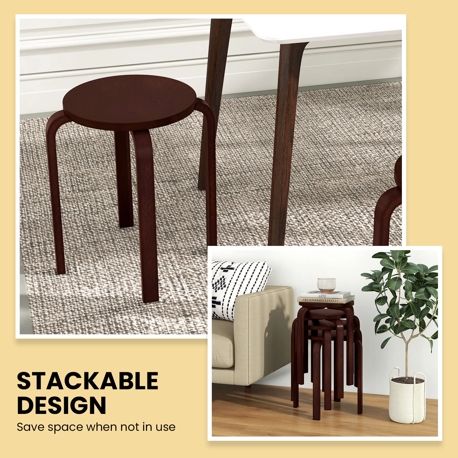 SUGIFT Set of 4 Brown Stackable Backless Wood Stools, 18-Inch Round Seat