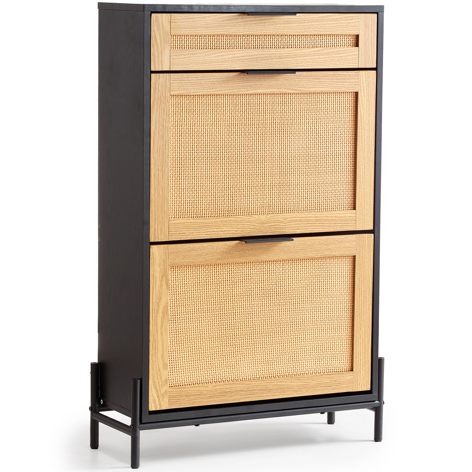HONGGE Narrow Rattan Shoe Cabinet with Flip Drawers, Slim Entryway Storage Organizer with Metal Legs for Closet Hallway