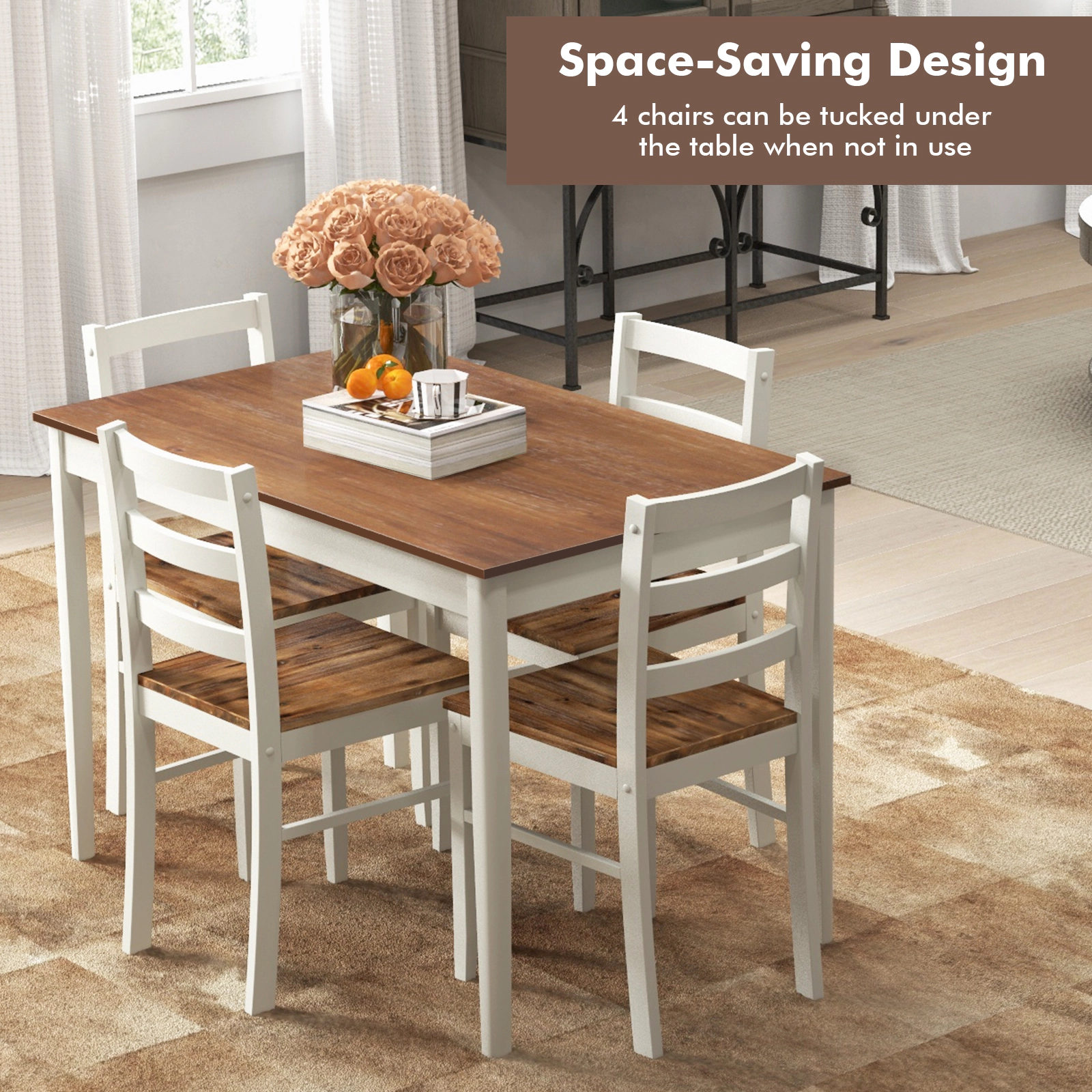 SUGIFT 45 Inch Rectangular Table and 4 High Back Chairs 5-Piece Wooden Dining Set