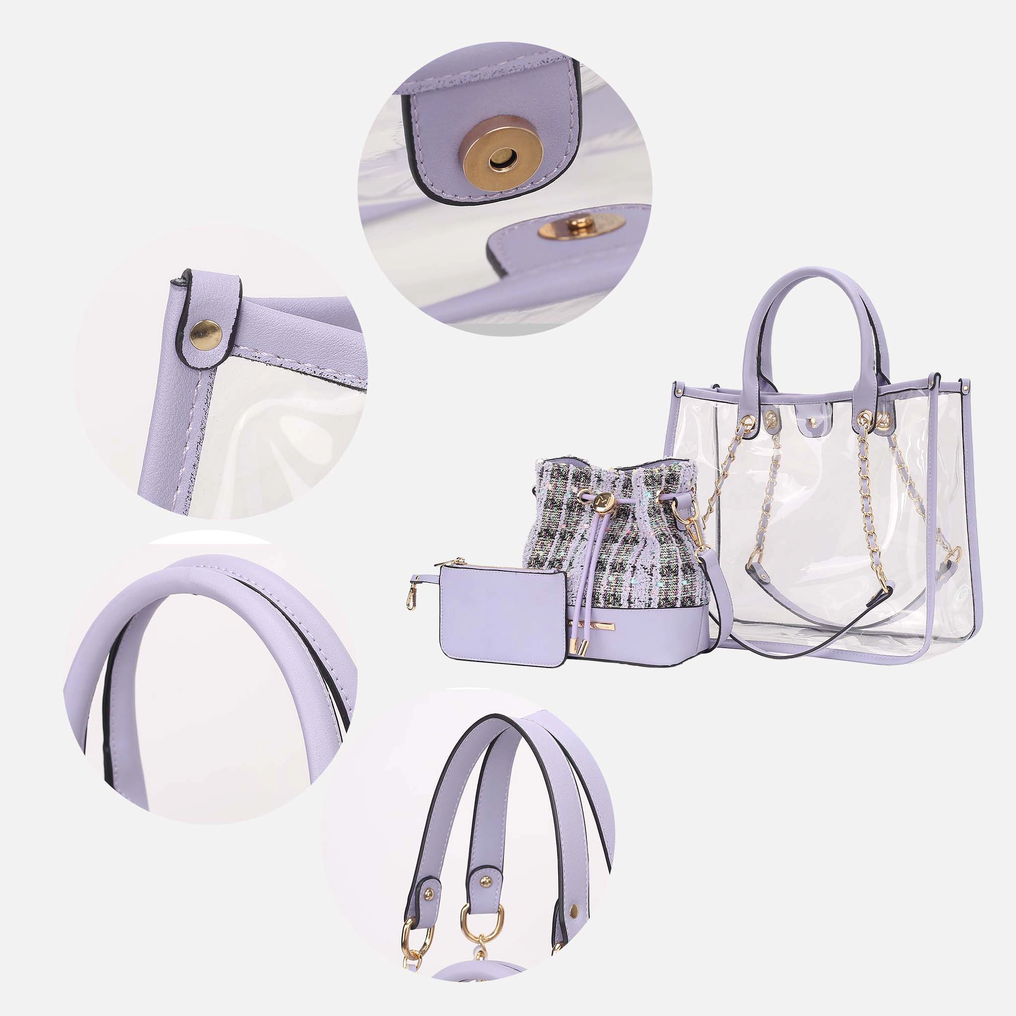Mia K Collection 3-in-1 Handbag Set - Structured Tote, Tweed Bucket Bag & Mini Zipper Pouch