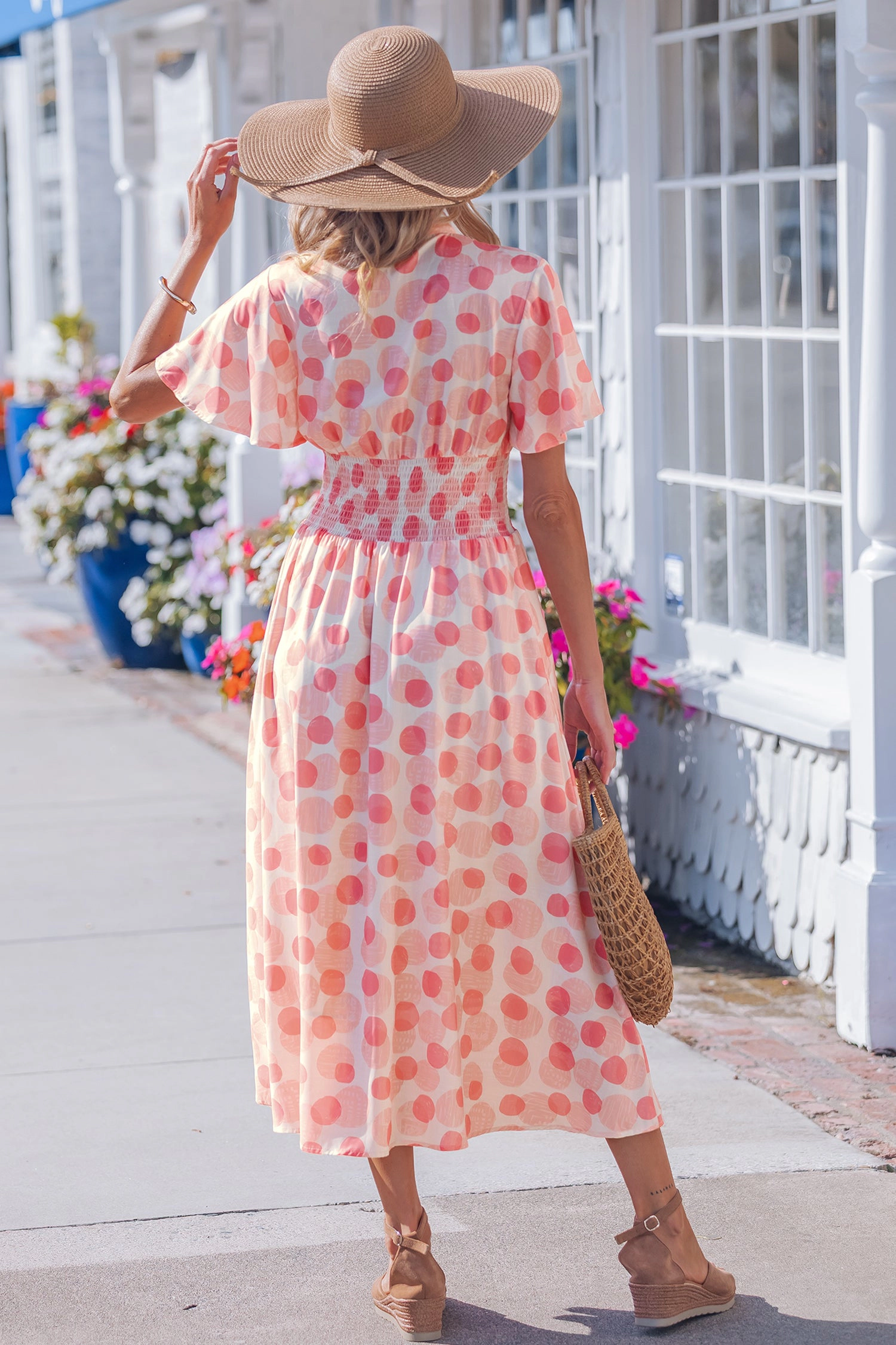 Threaded Pear Womens Talia Zip-Up Polka Dot Long Dress - Pink, Ruffled Short Sleeves