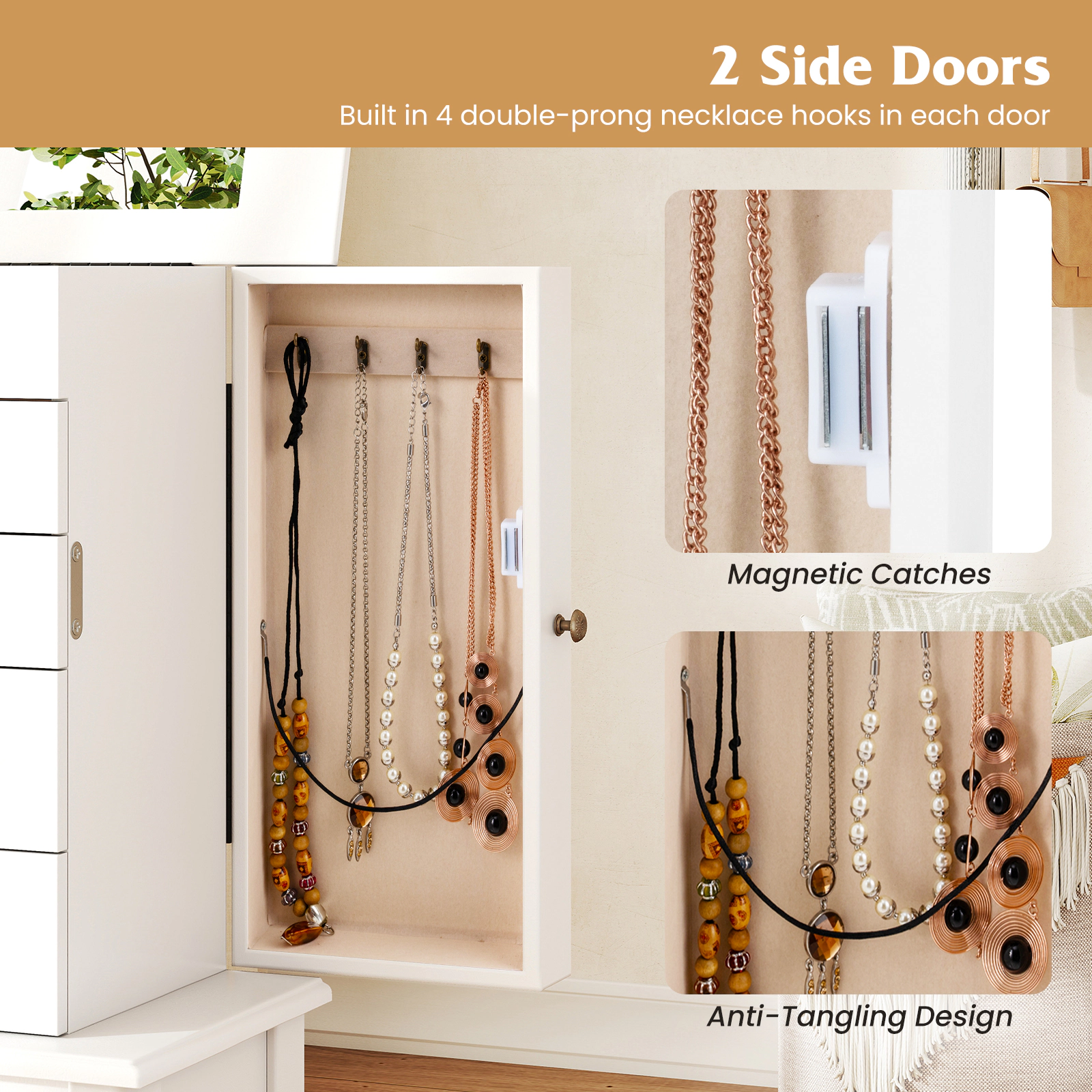 SUGIFT Standing Jewelry Cabinet White 34 in Armoire with 5 Drawers and Mirror
