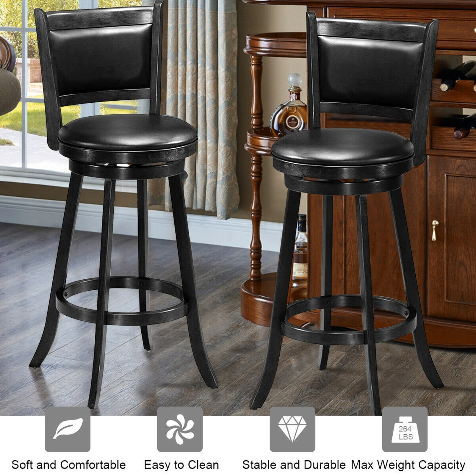 SUGIFT Set of 2 Black 29-Inch Swivel Bar Stools with Panel Back and PVC Padded Seats