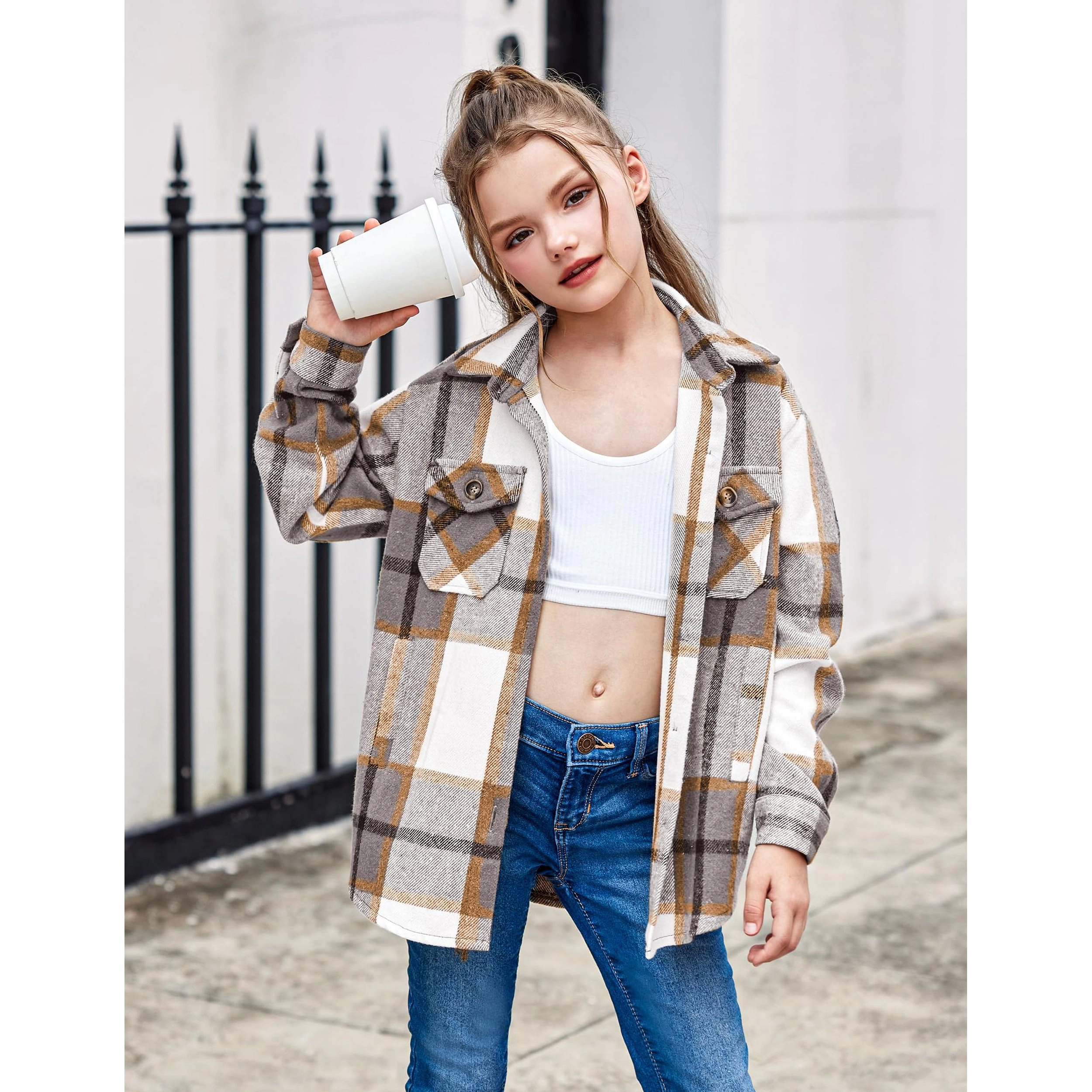 Arshiner Girl's Plaid Flannel Button Down Long Sleeve Shirt with Pockets