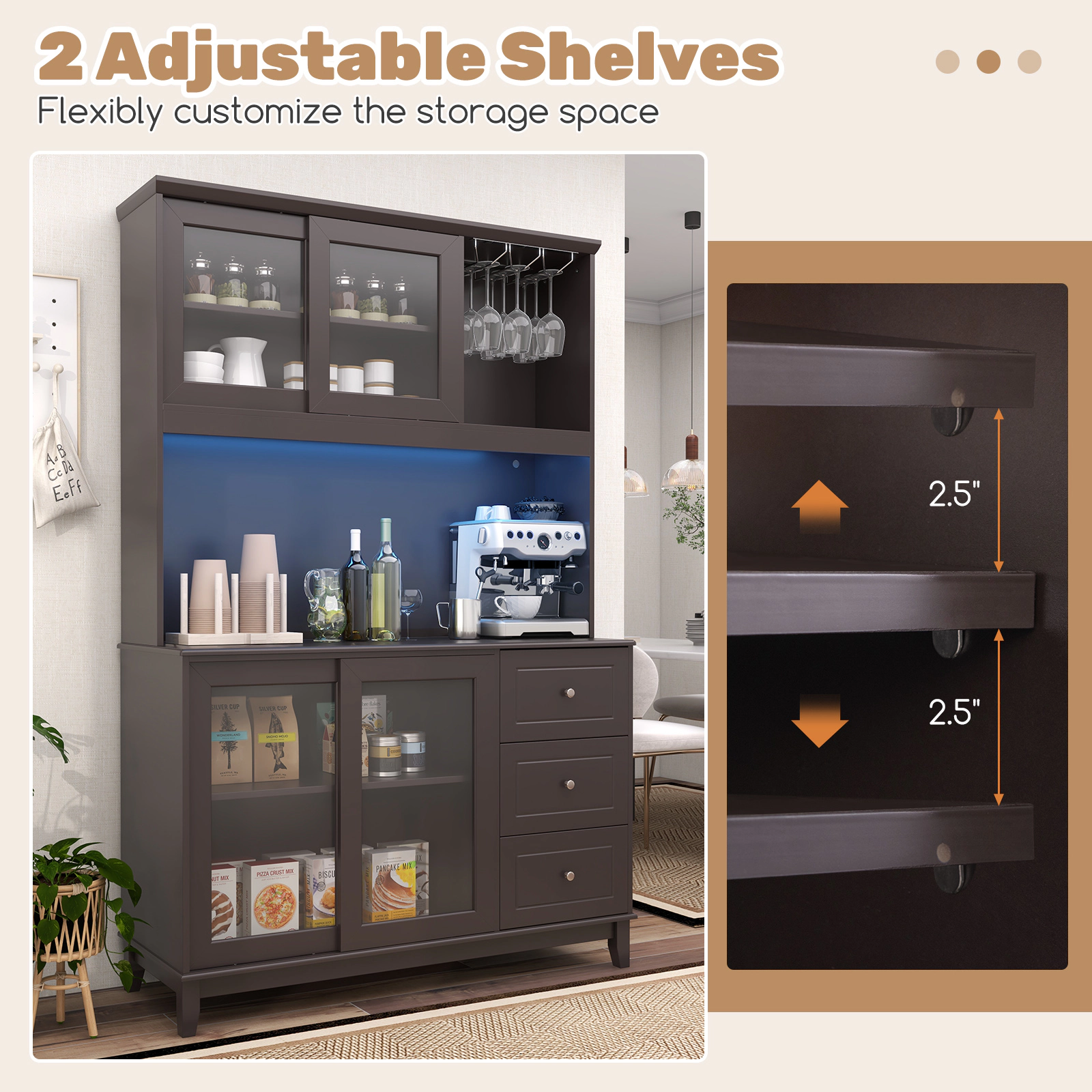 Glintex 73-Inch Kitchen Hutch with LED Lights and Sliding Glass Doors
