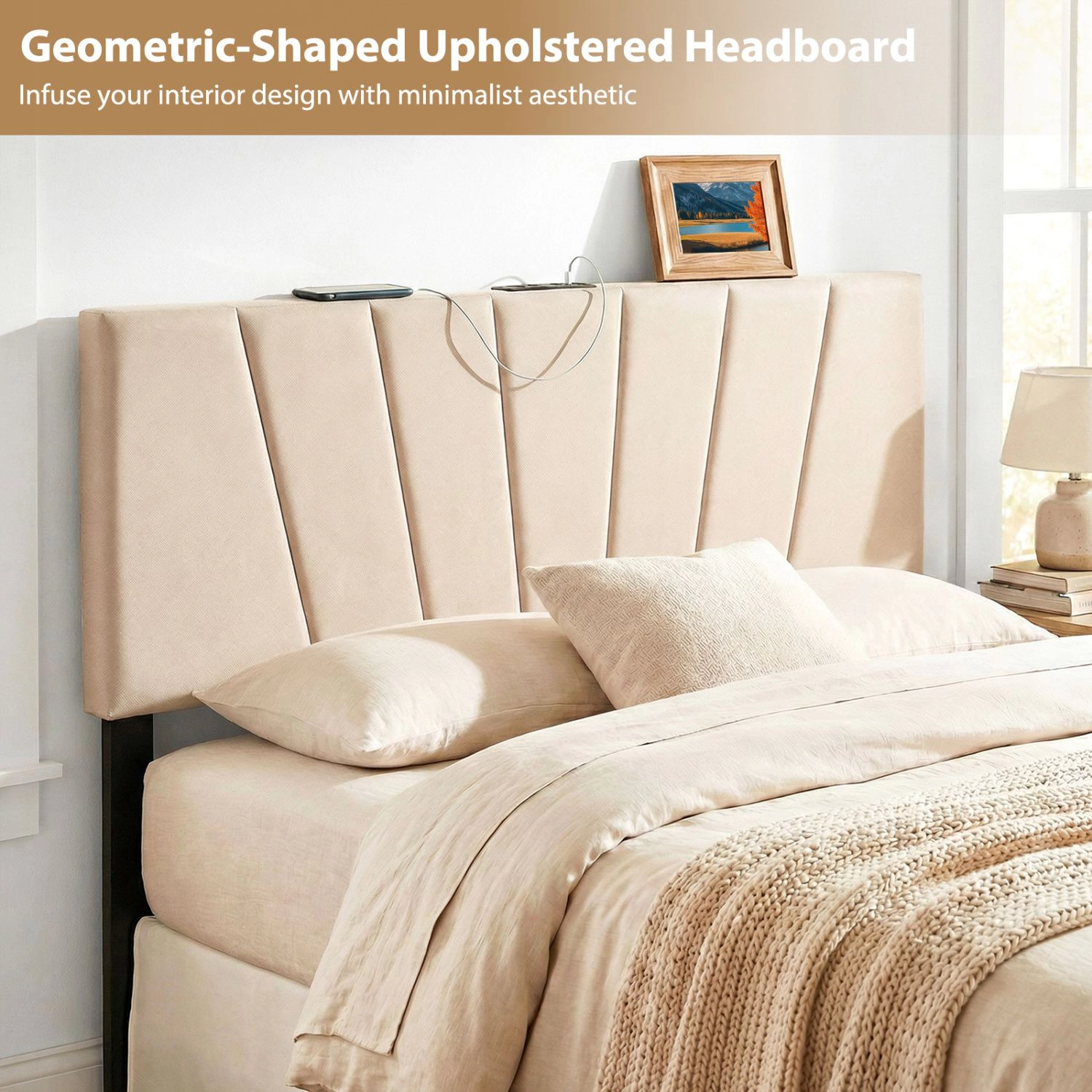 SlickBlue Unisex Geometric Upholstered Headboard with Charging Station